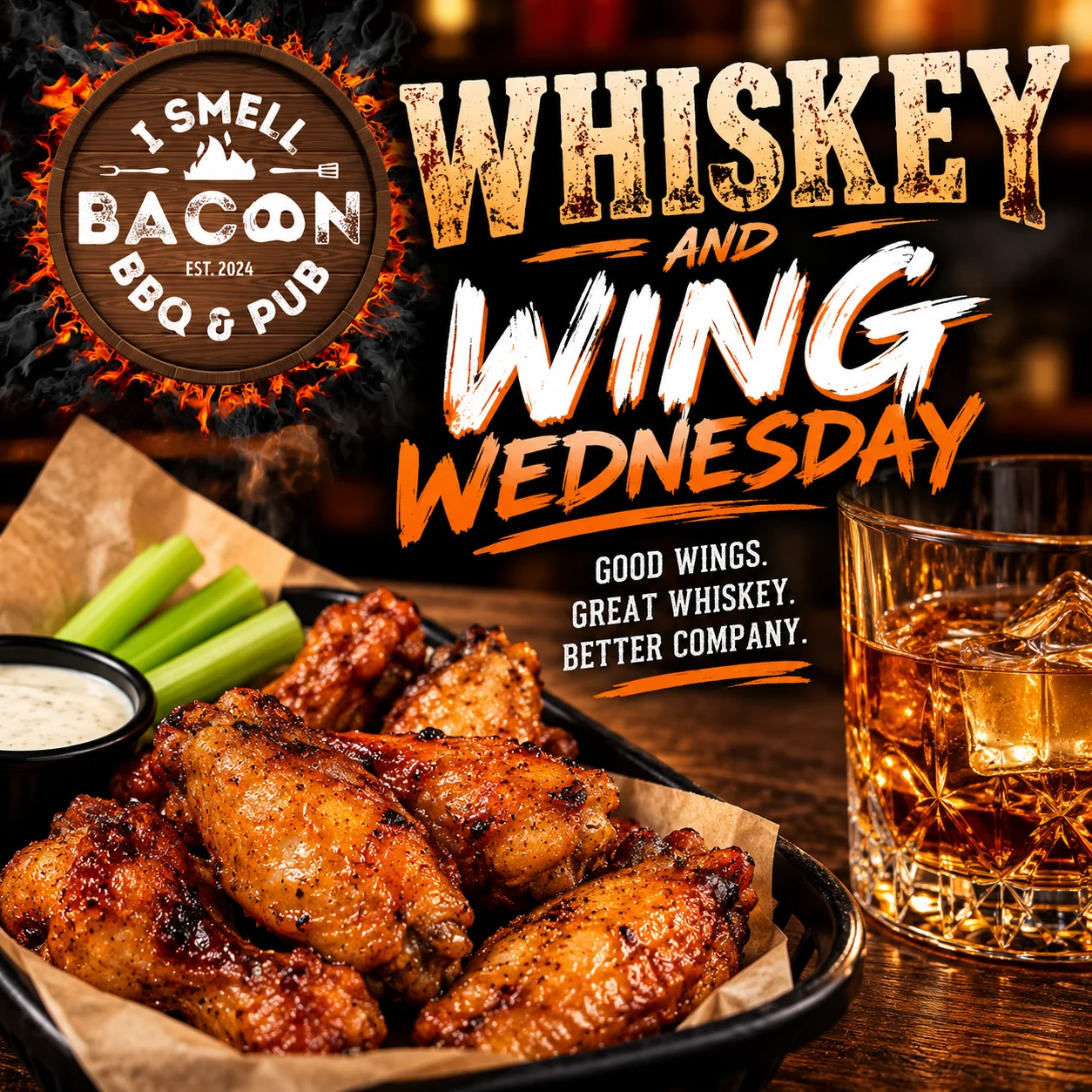Crispy chicken wings served with celery and dipping sauces in a pub setting