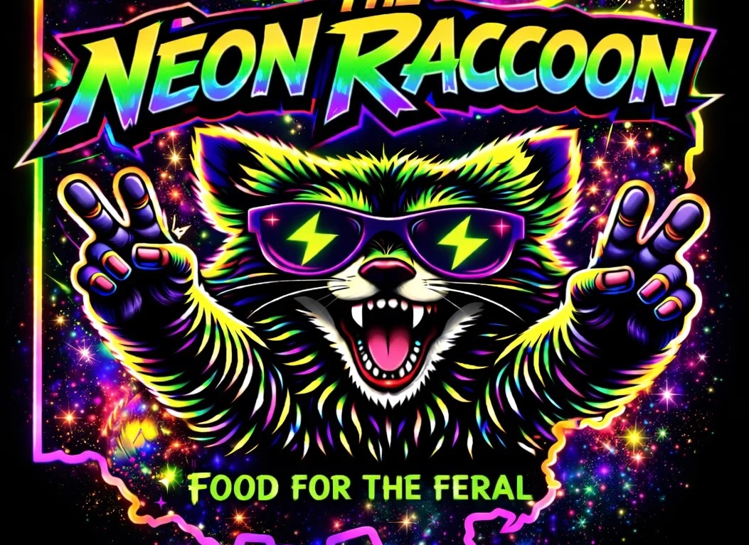 Colorful banner featuring a neon raccoon logo for a restaurant.
