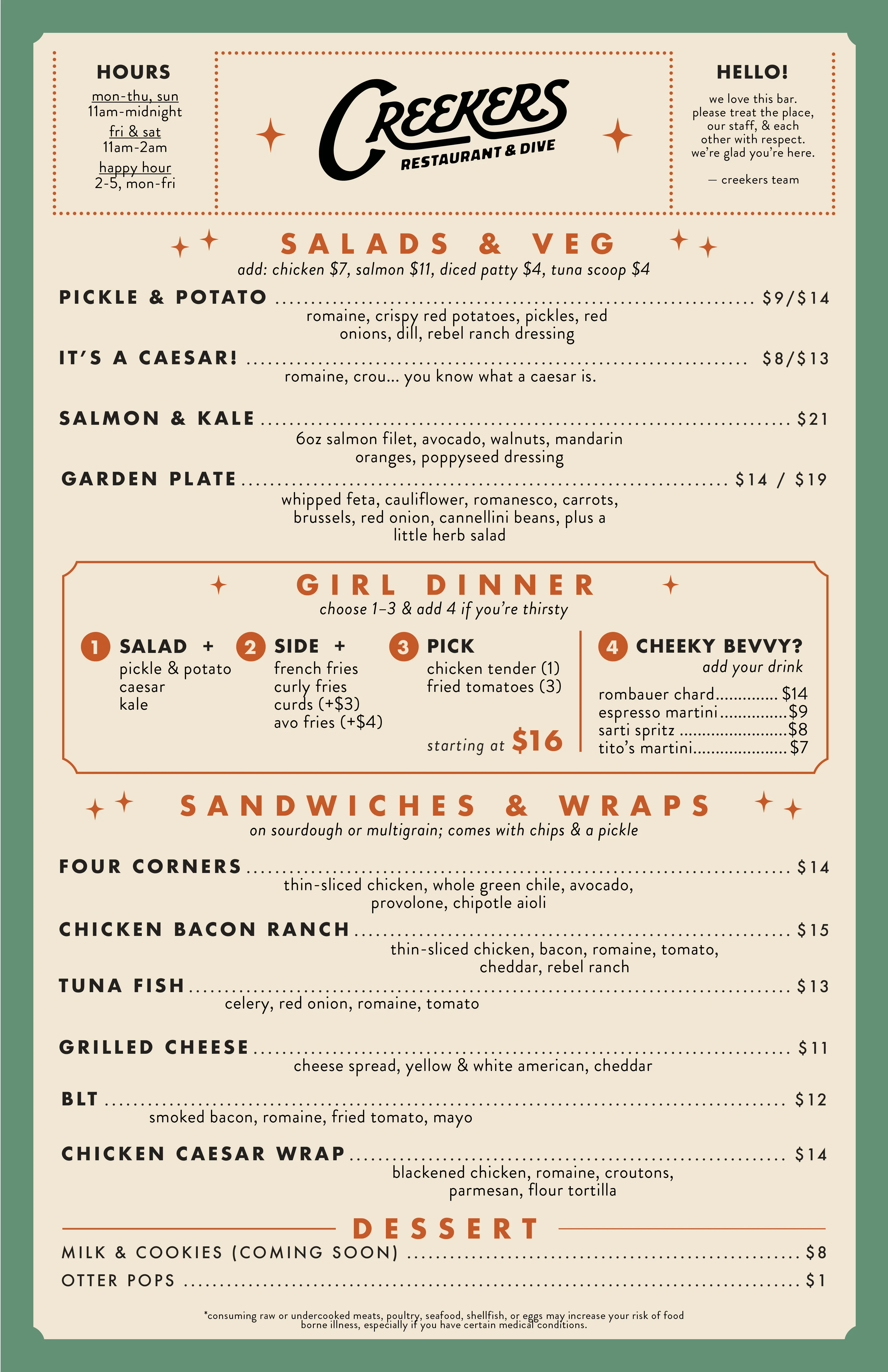 Restaurant menu featuring diverse dishes and drinks in a vibrant layout