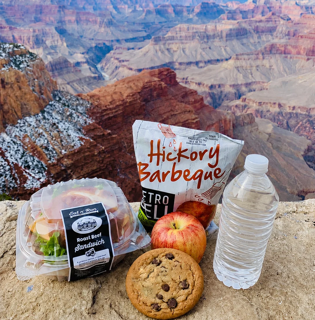 Picnic meal with roast beef sandwich at the Grand Canyon