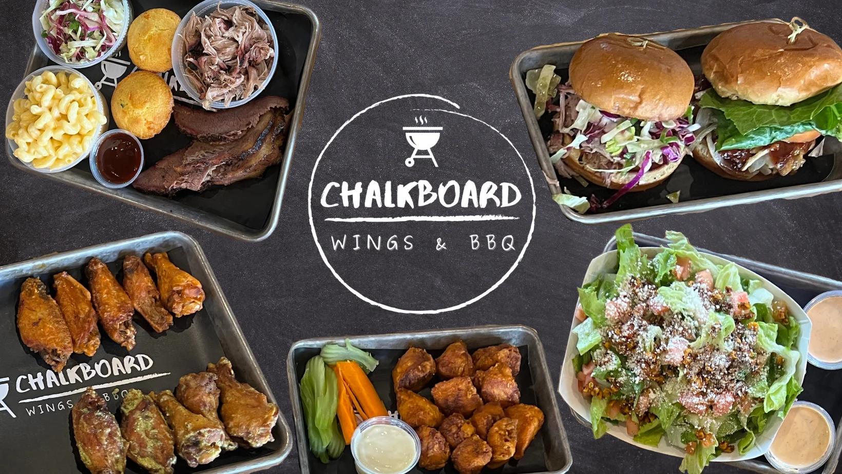 Assorted BBQ platter featuring wings and sandwiches