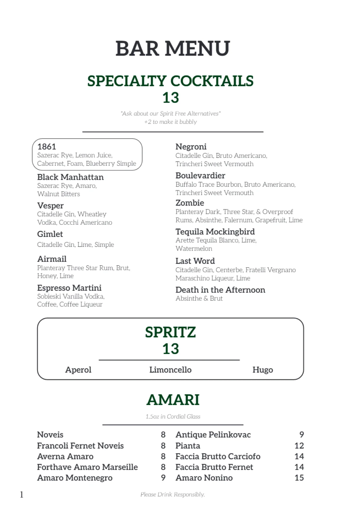 Bar menu page featuring various drink options and prices.