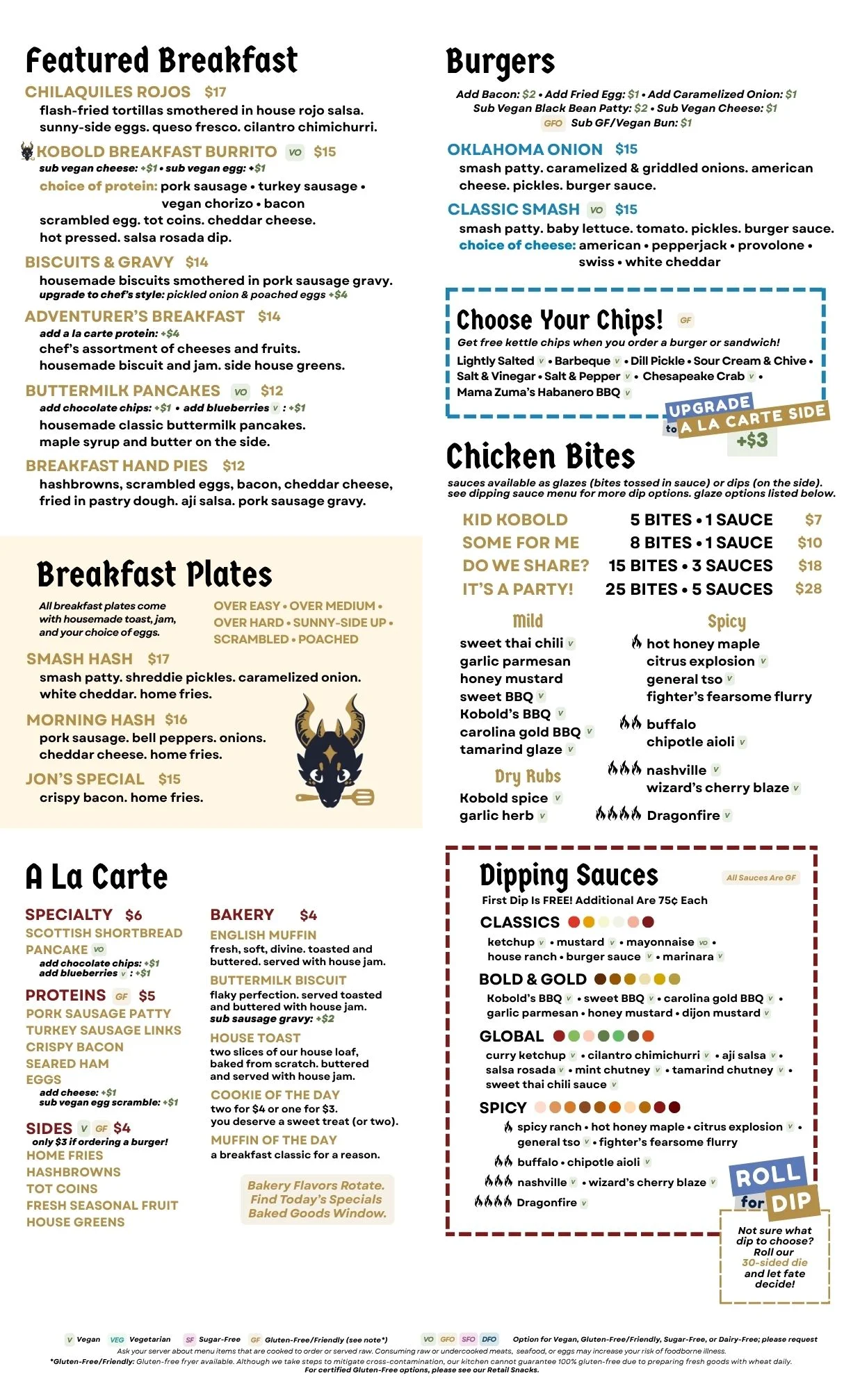 Breakfast menu featuring classic American dishes