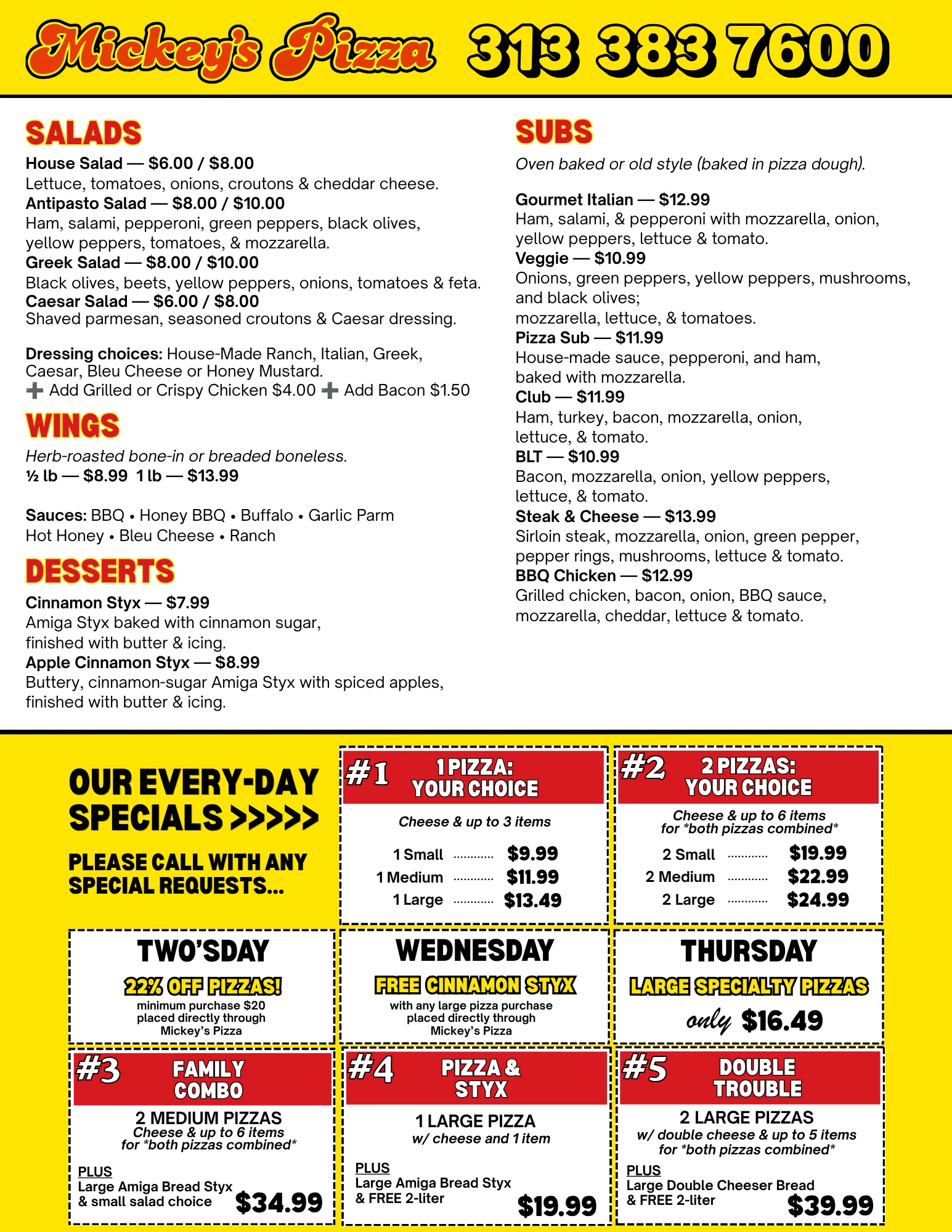 Menu from Mickey's Pizza featuring salads, subs, wings, and desserts.