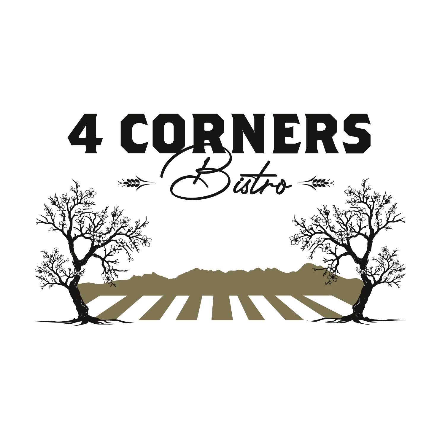 An elegant logo for '4 Corners Bistro' showcasing the name with a flowing script and wheat accents.