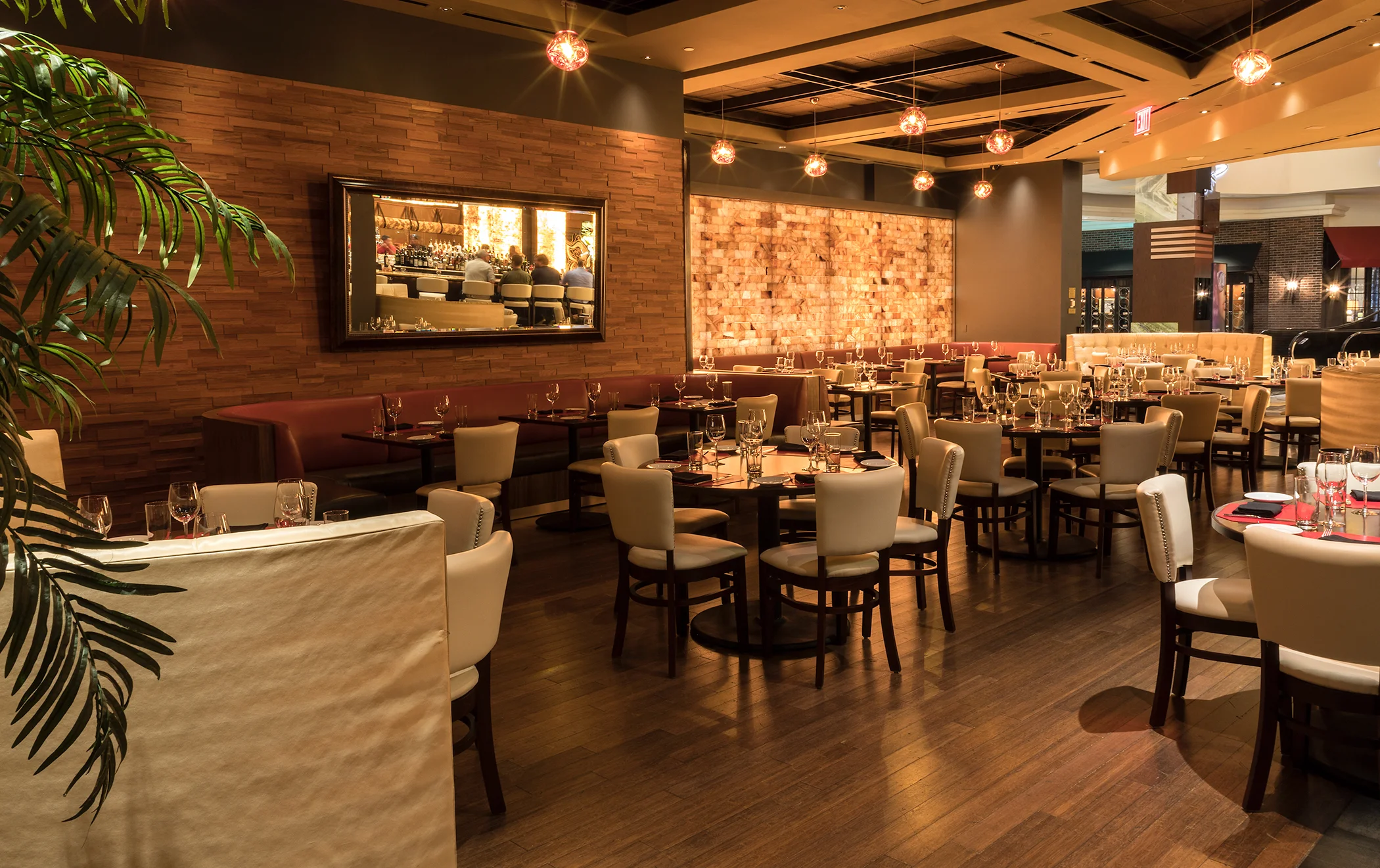Elegant restaurant interior with modern design and warm lighting