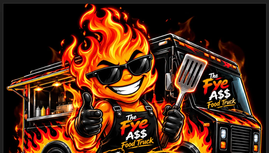 A graphic featuring a vibrant food truck design with flames and a cartoon character giving a thumbs up. The truck is promoting a food service.