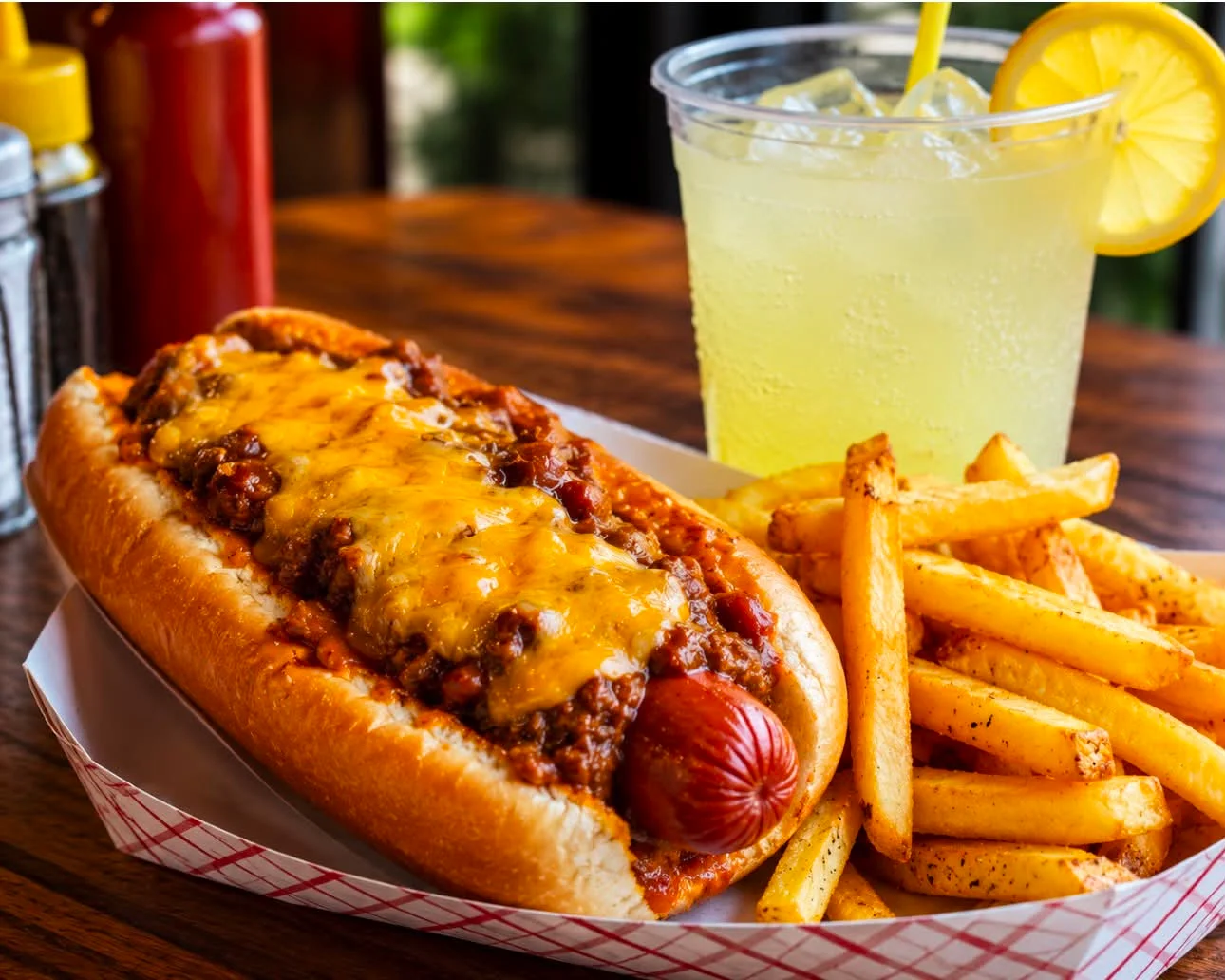 A hearty chili cheese dog loaded with melted cheese and served with crispy fries and a refreshing drink.