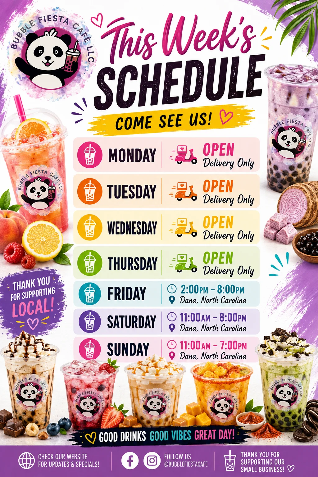 Weekly schedule for Bubble Fiesta Cafe with colorful drink images