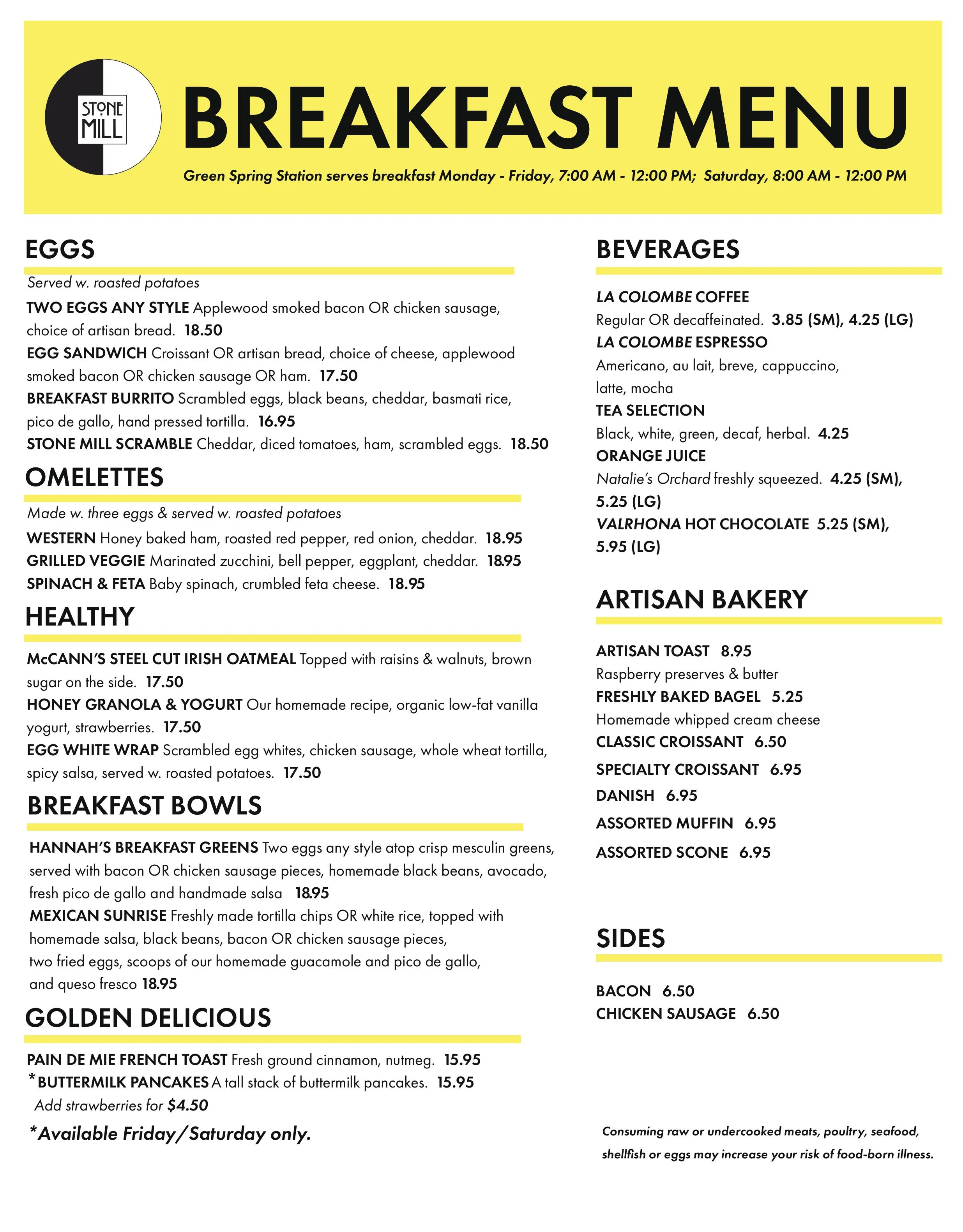 Breakfast menu featuring diverse dishes and beverages