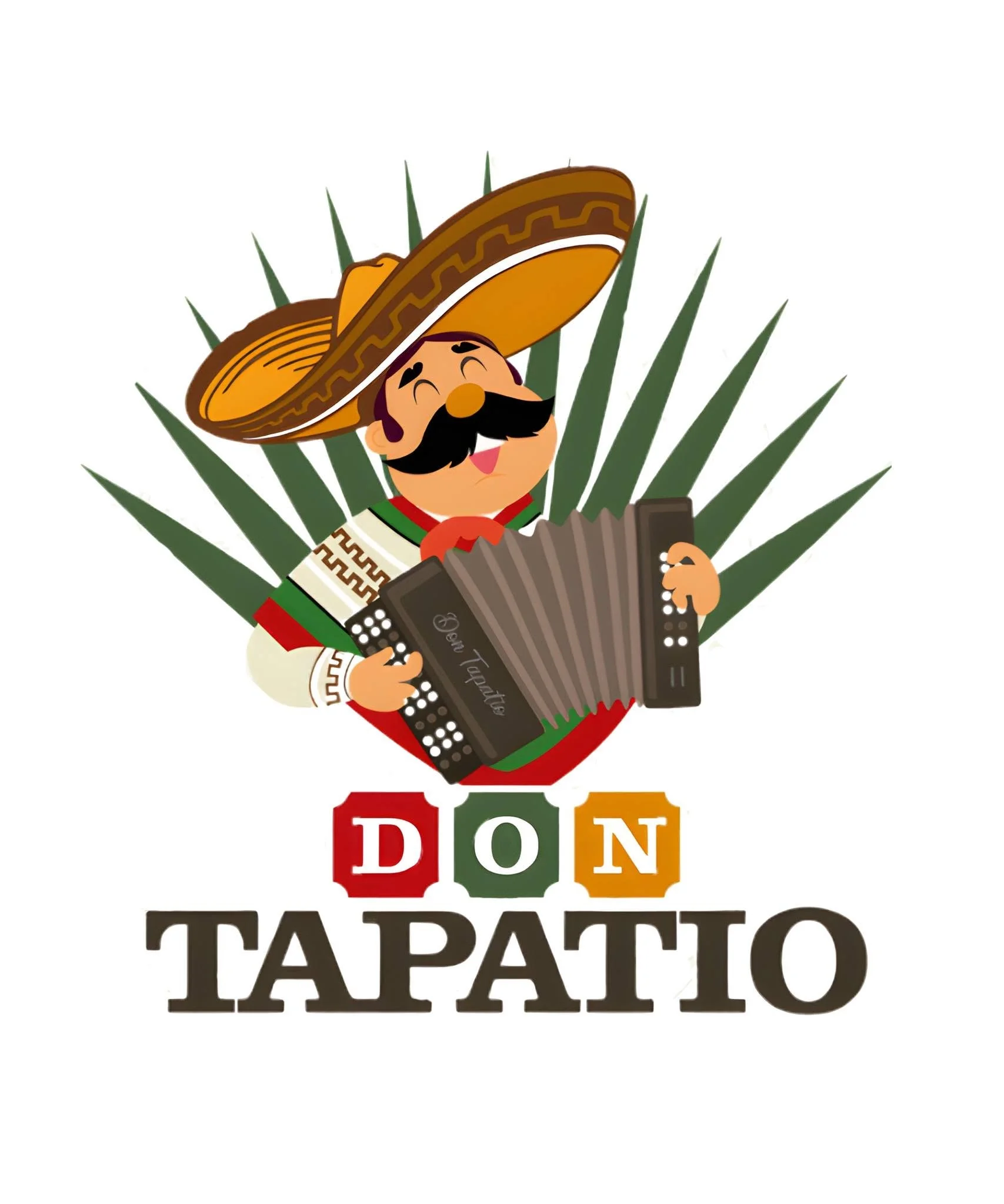 A colorful illustration of a smiling character wearing a traditional sombrero and playing an accordion, surrounded by stylized leaves.
