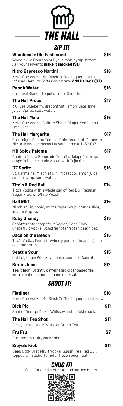 Cocktail menu featuring diverse drinks at a lively bar