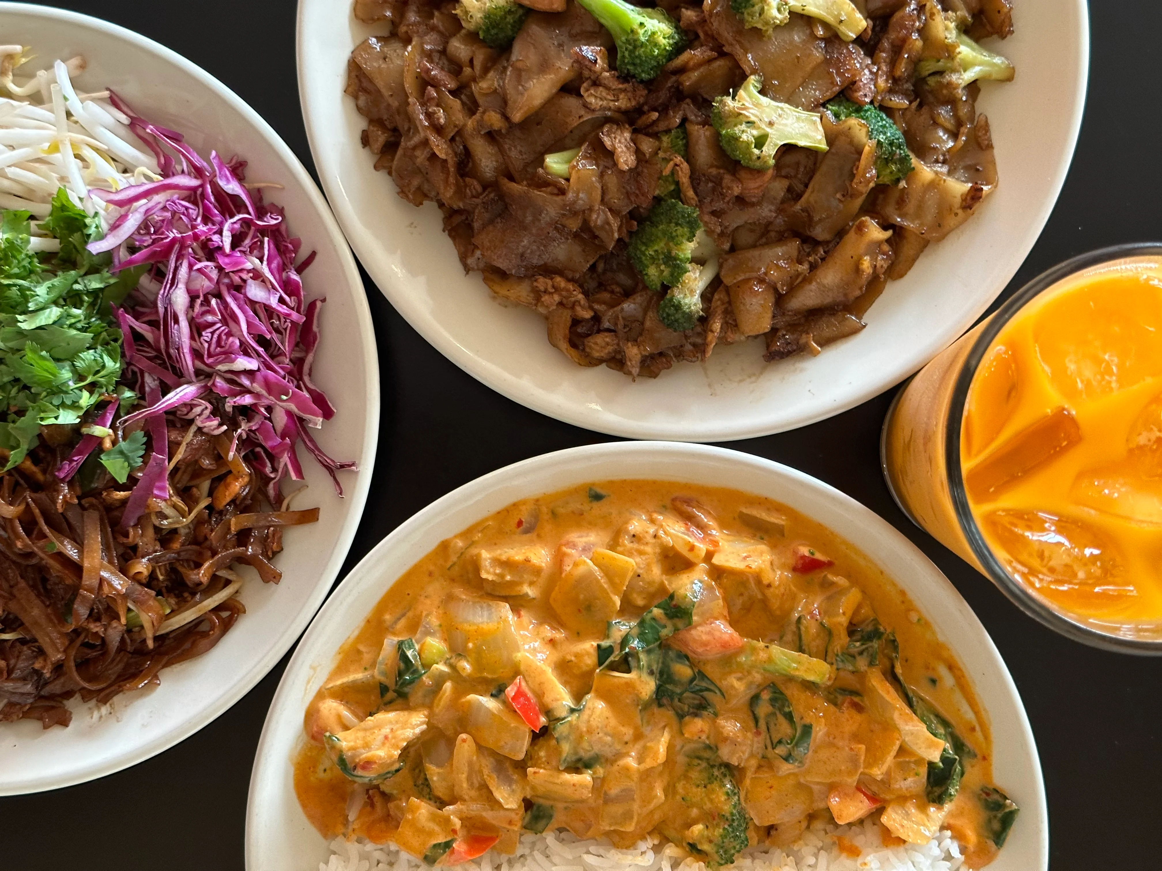 Thai red curry with rice and stir-fried noodles
