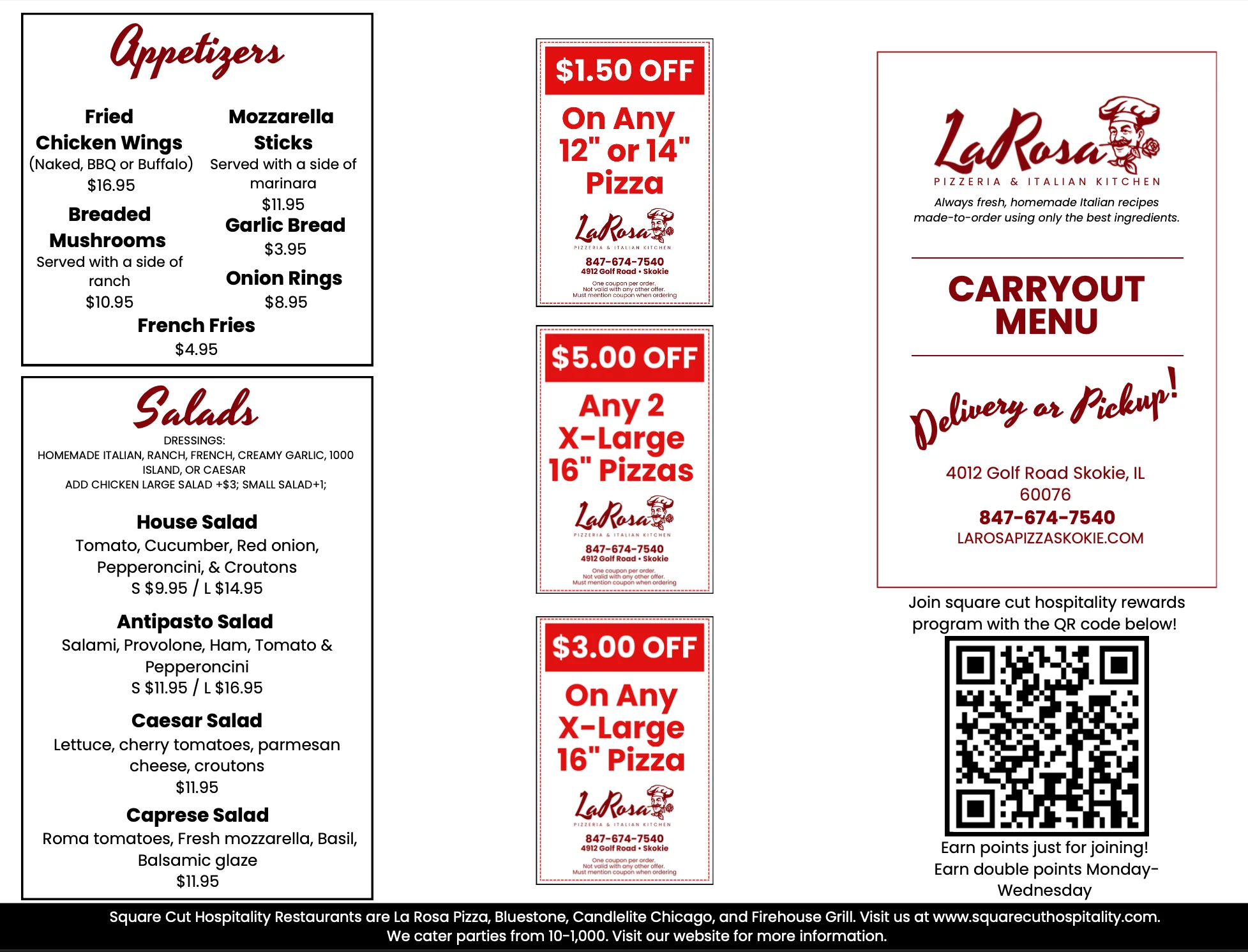 Italian carryout menu featuring pizzas and appetizers