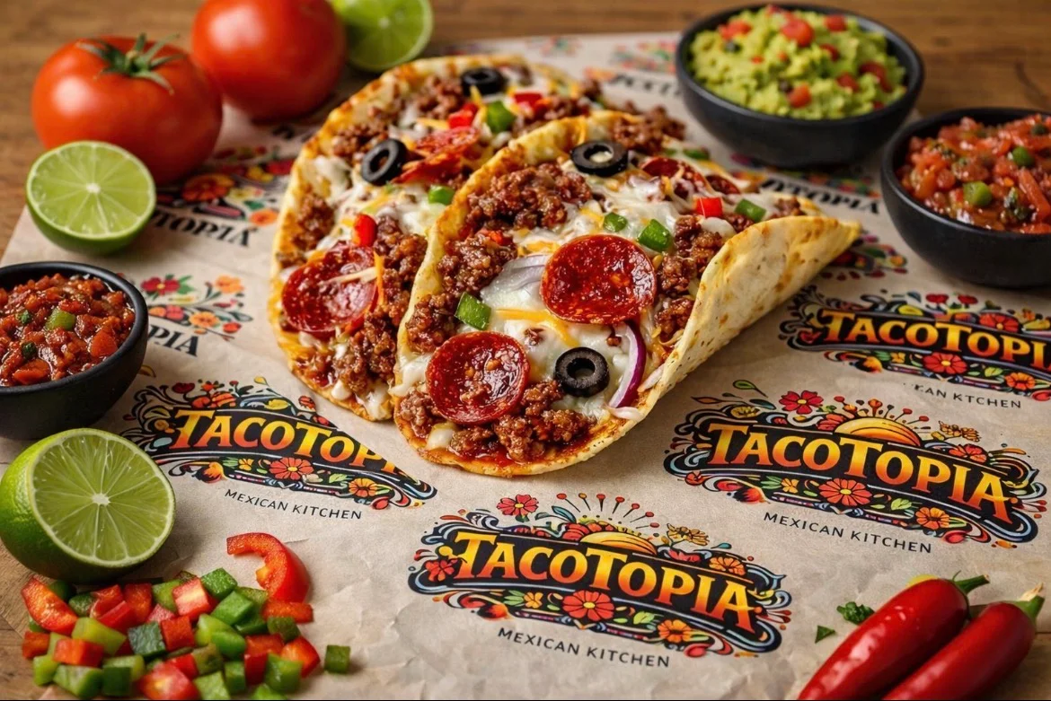 A vibrant spread of Mexican food including tacos, chips, and drinks.