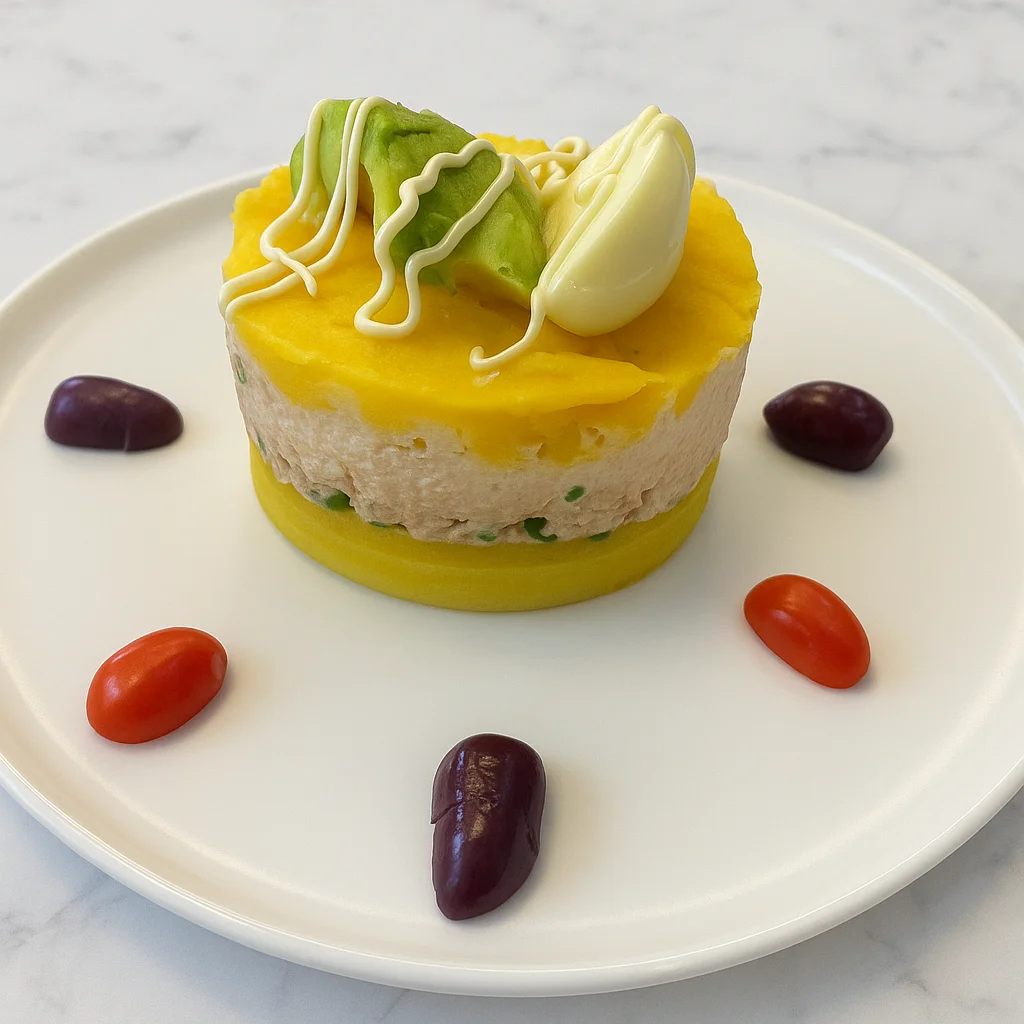 Colorful Peruvian causa with avocado and seafood