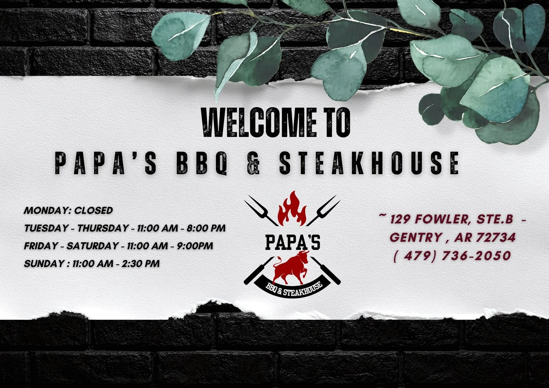 Restaurant sign for Papa's BBQ & Steakhouse in Gentry, Arkansas