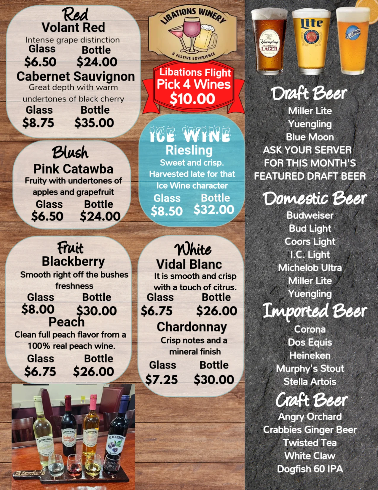 Wine menu featuring various selections and prices at a winery.