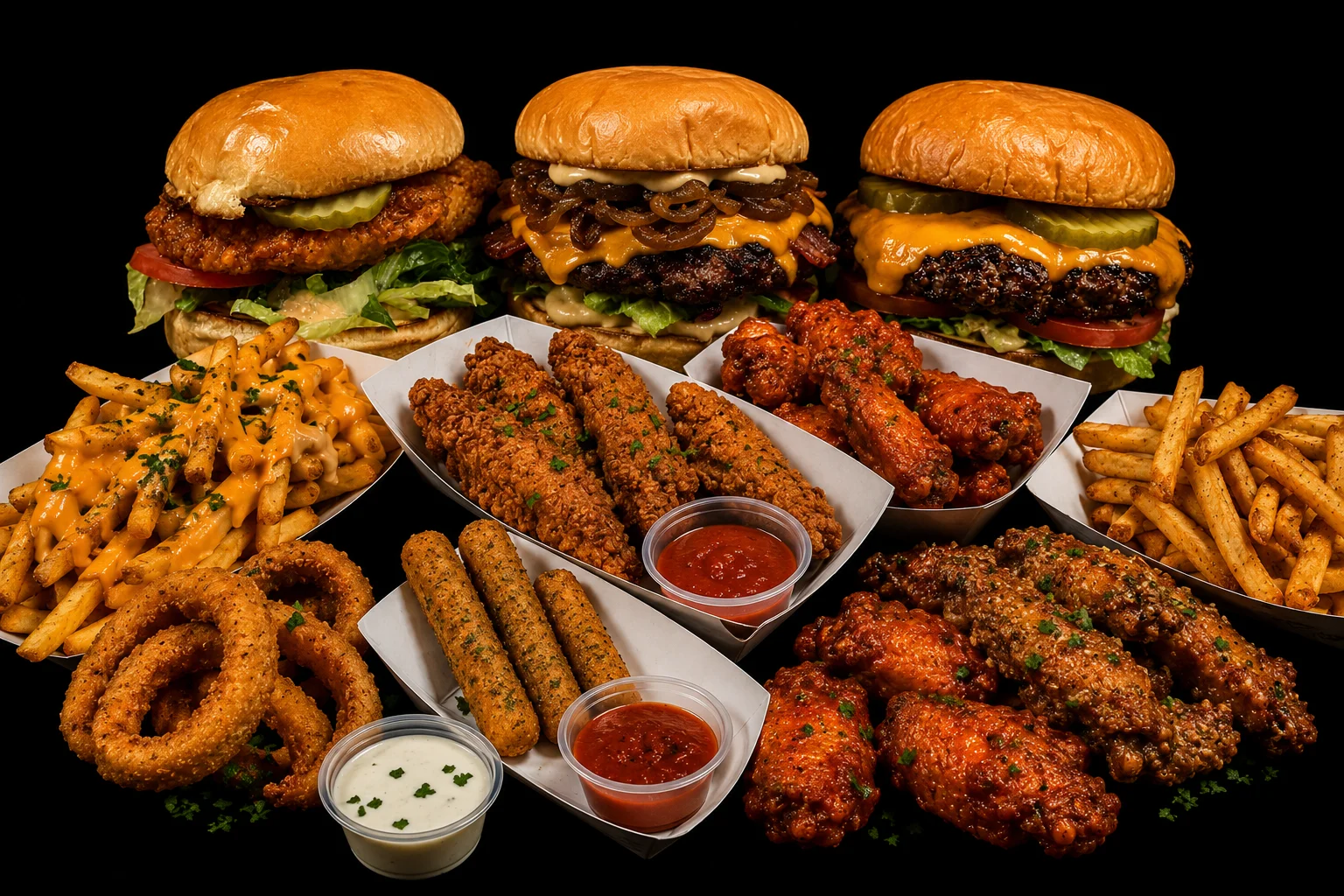 Assorted American comfort food with burgers, wings, and fries