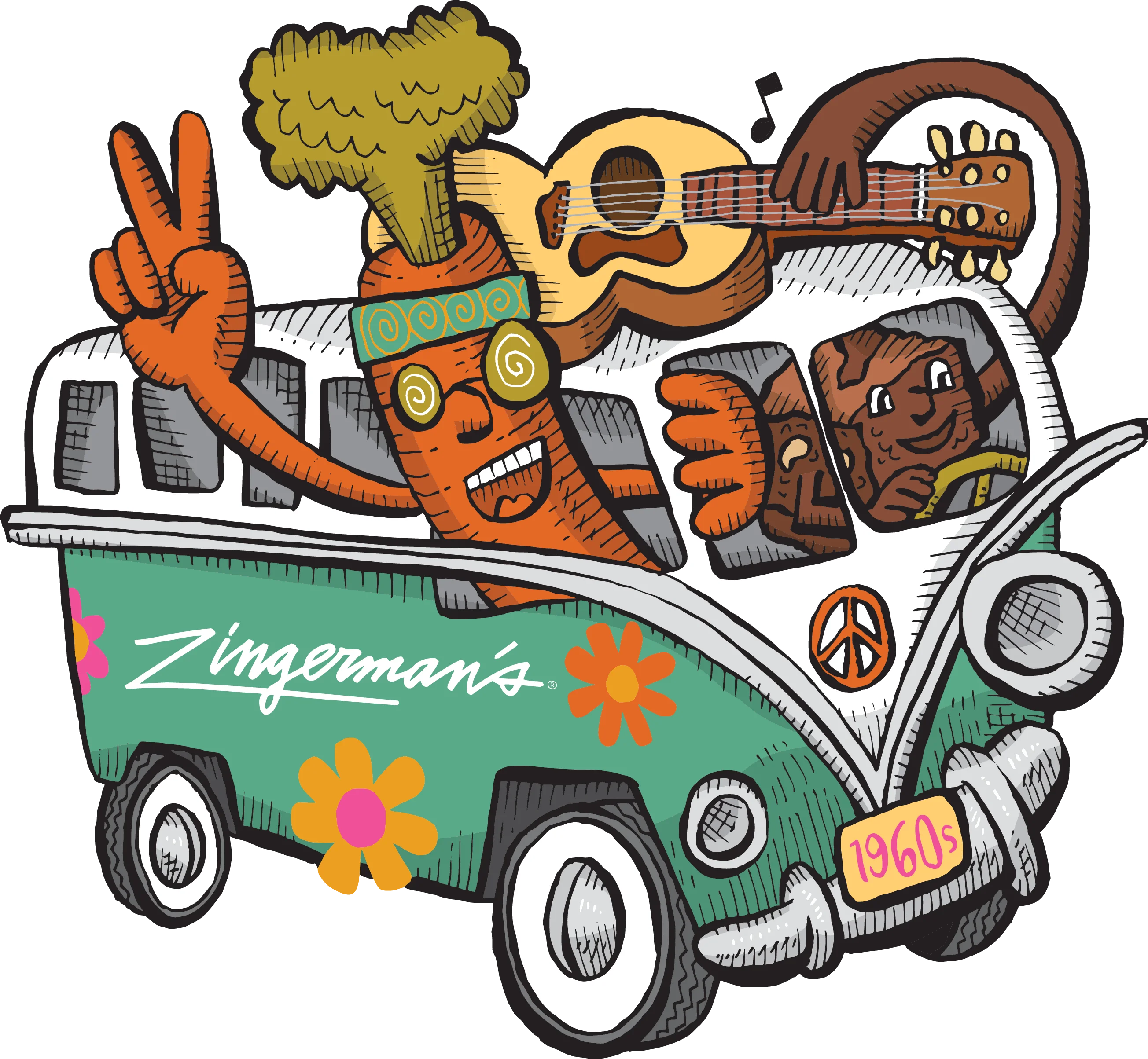 A colorful, cartoon-style van with a carrot character wearing sunglasses and peace symbol decorations, holding a guitar, evoking a fun, retro vibe from the 1960s.