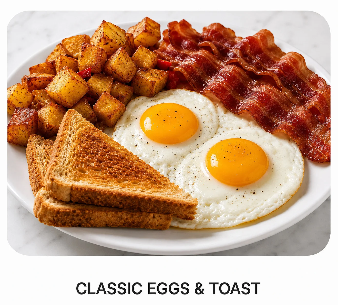 Classic American breakfast with eggs, bacon, and toast
