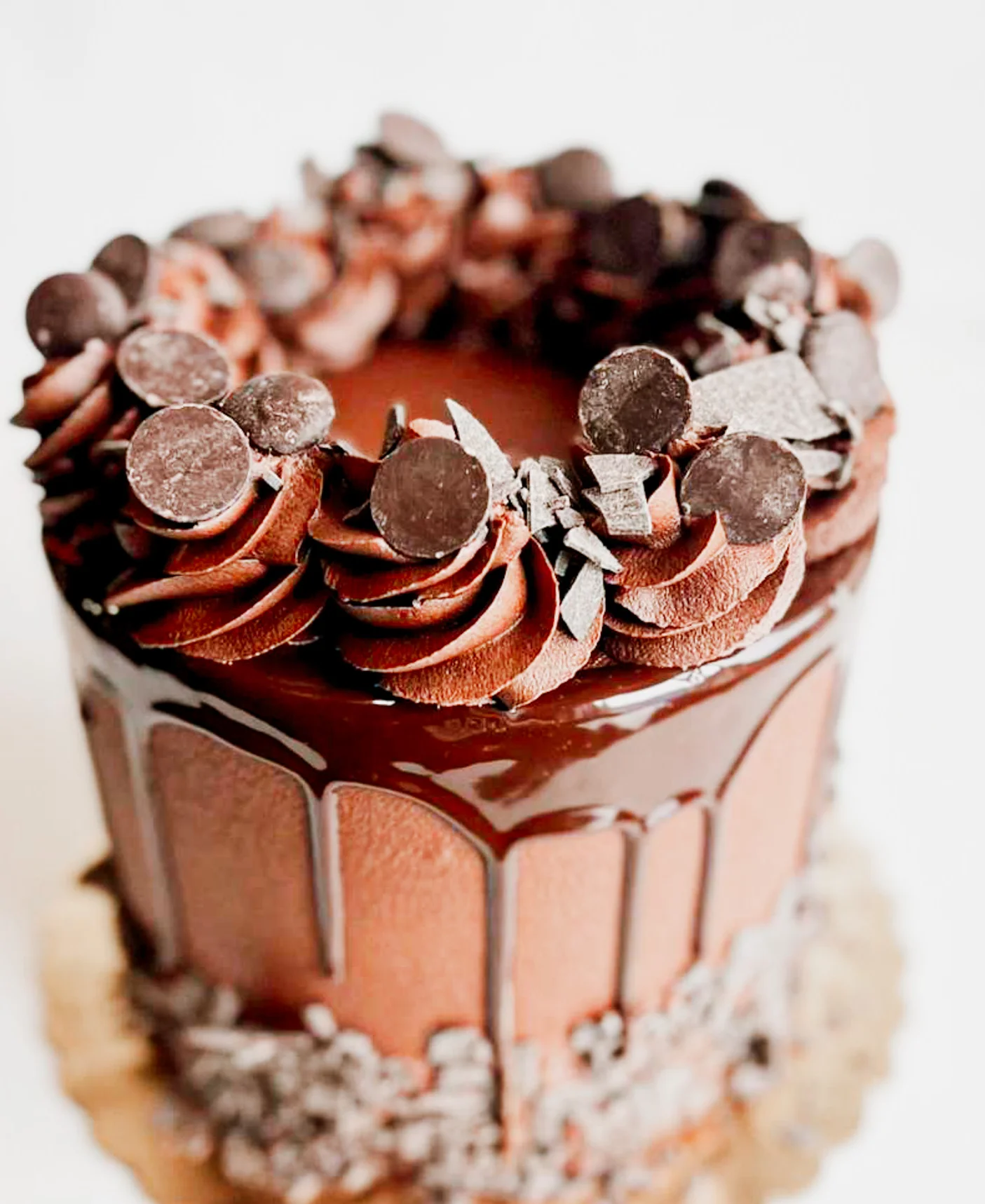 Decadent chocolate cake with rich frosting and decorative toppings