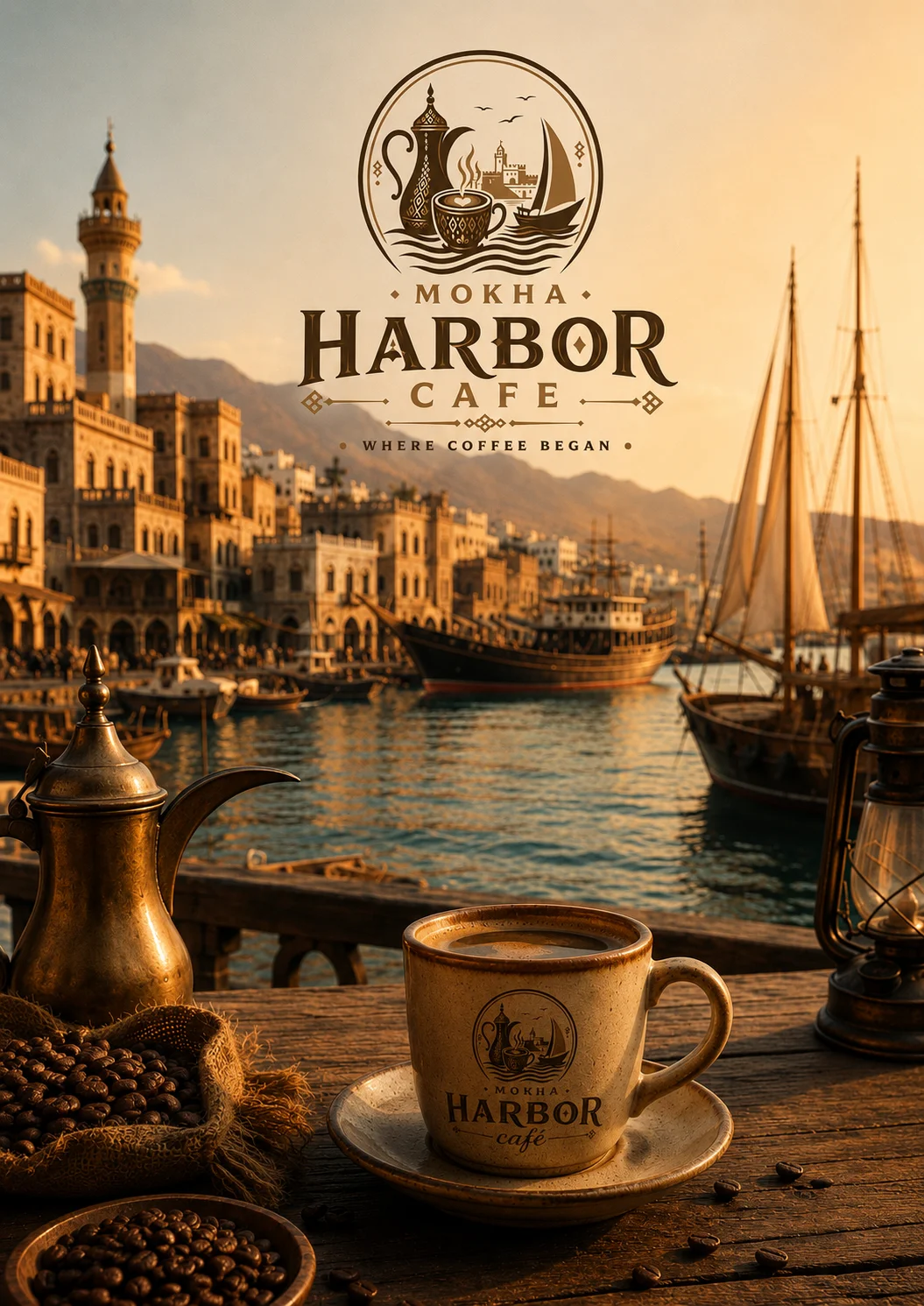 Coffee cup and beans with a scenic harbor view at Mokha Harbor Cafe.
