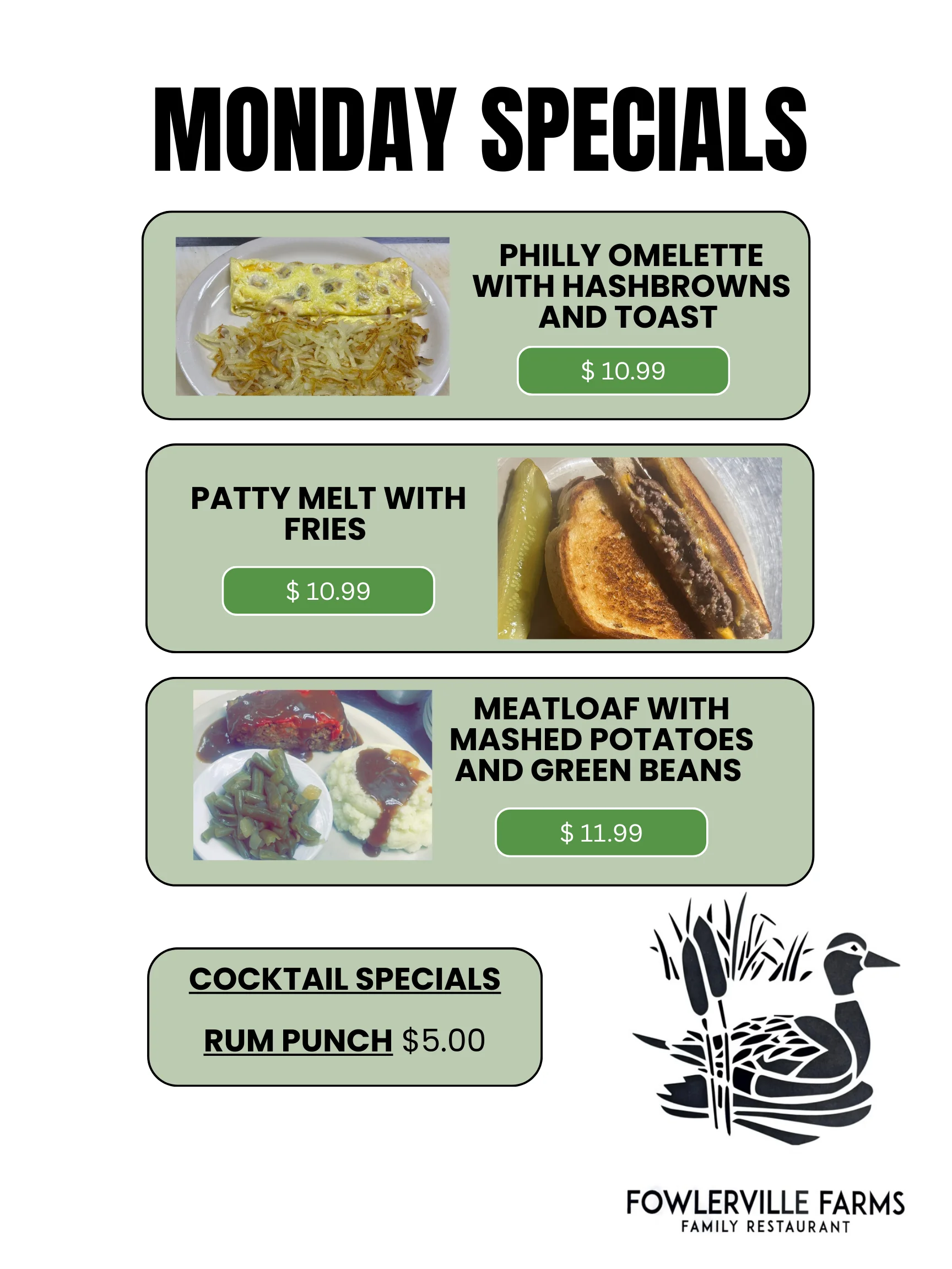 Monday specials at a family restaurant featuring comfort food dishes