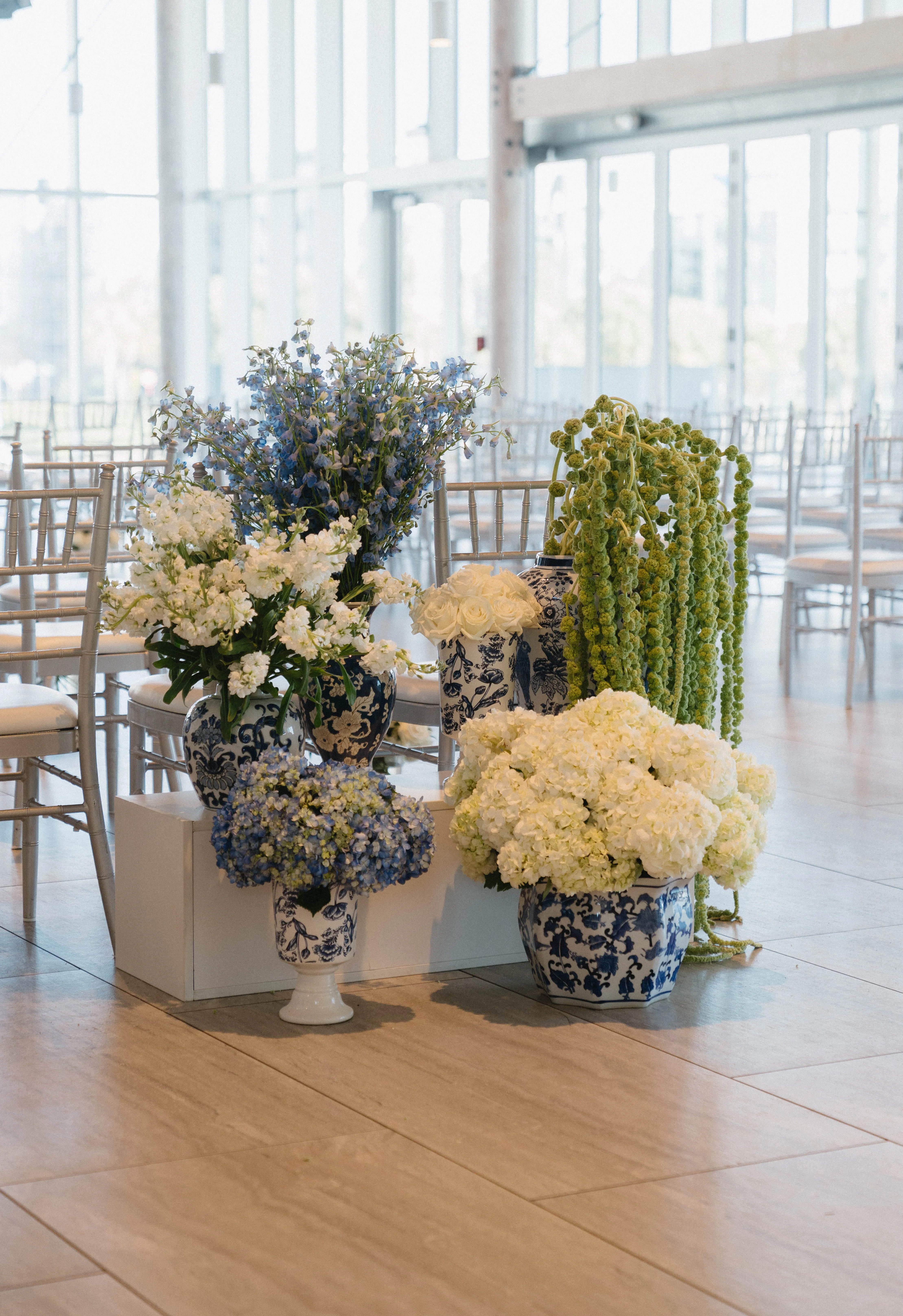 Elegant floral arrangement in a modern event space