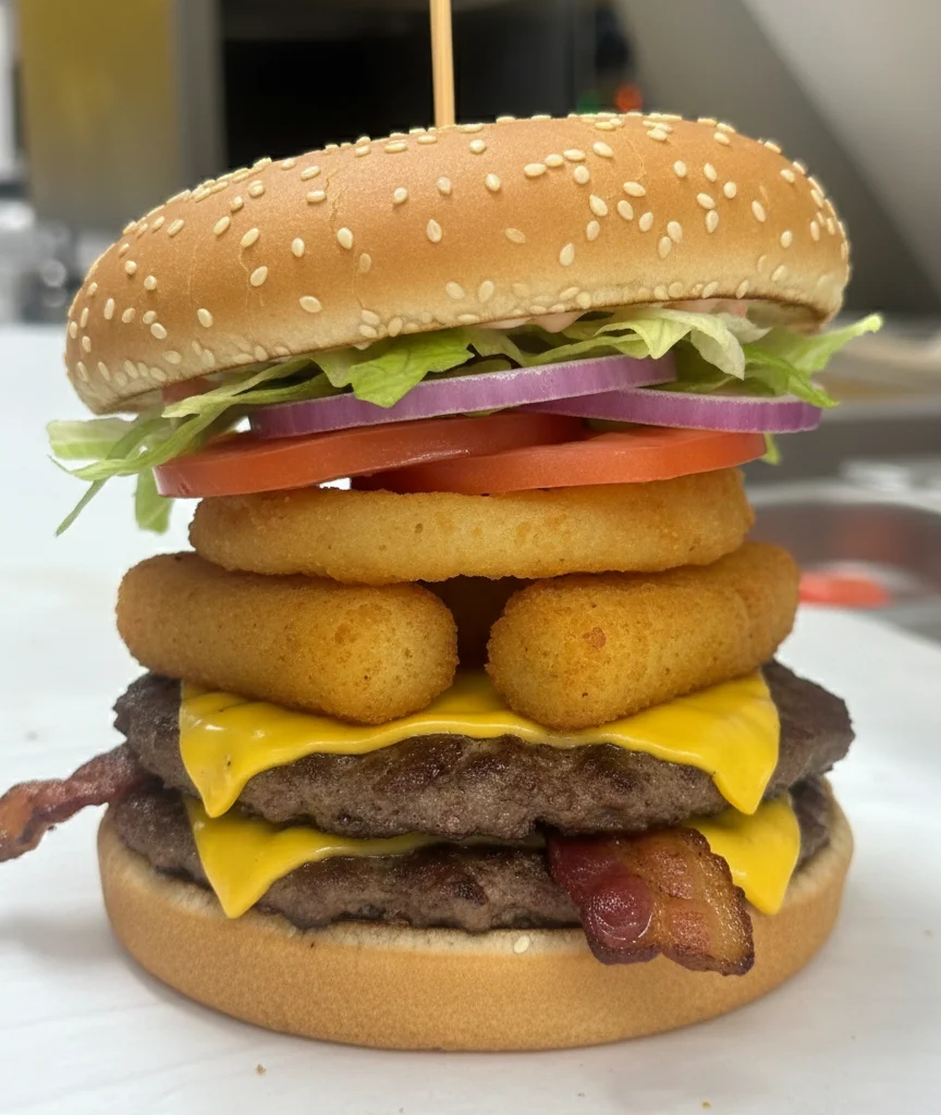 Stacked American cheeseburger with bacon and onion rings