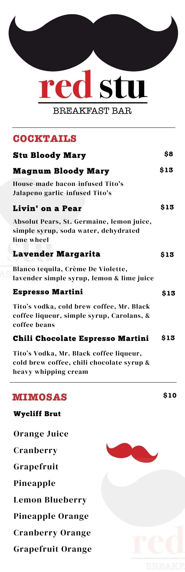 Cocktail menu featuring unique drinks at a breakfast bar