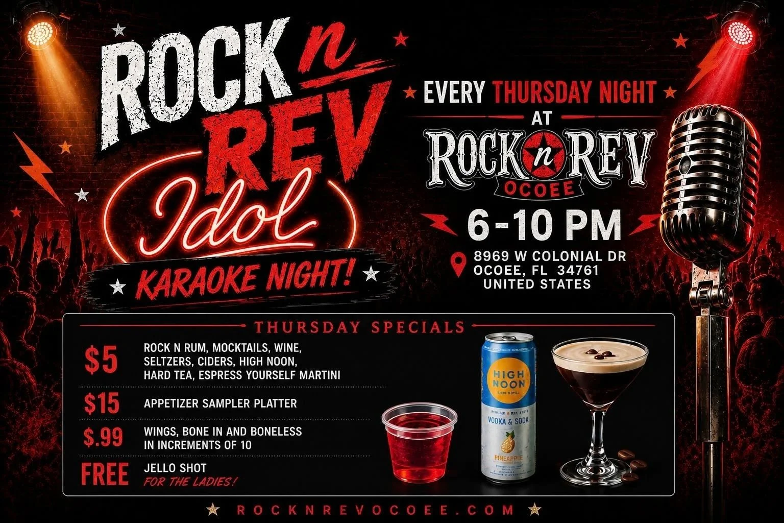 Rock N Rev Karaoke Night event poster with microphone, cocktails, and live music design