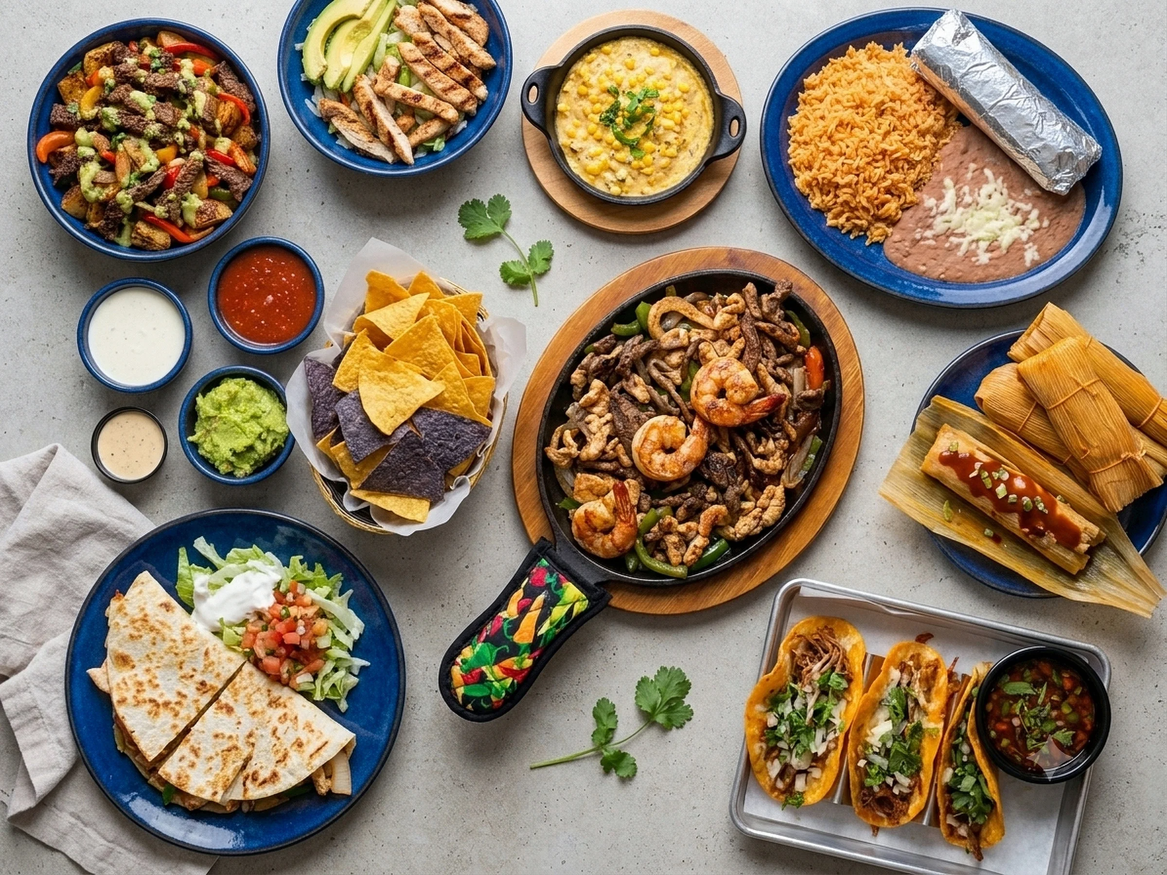 Colorful Mexican feast with tacos, quesadillas, and fajitas on a rustic table