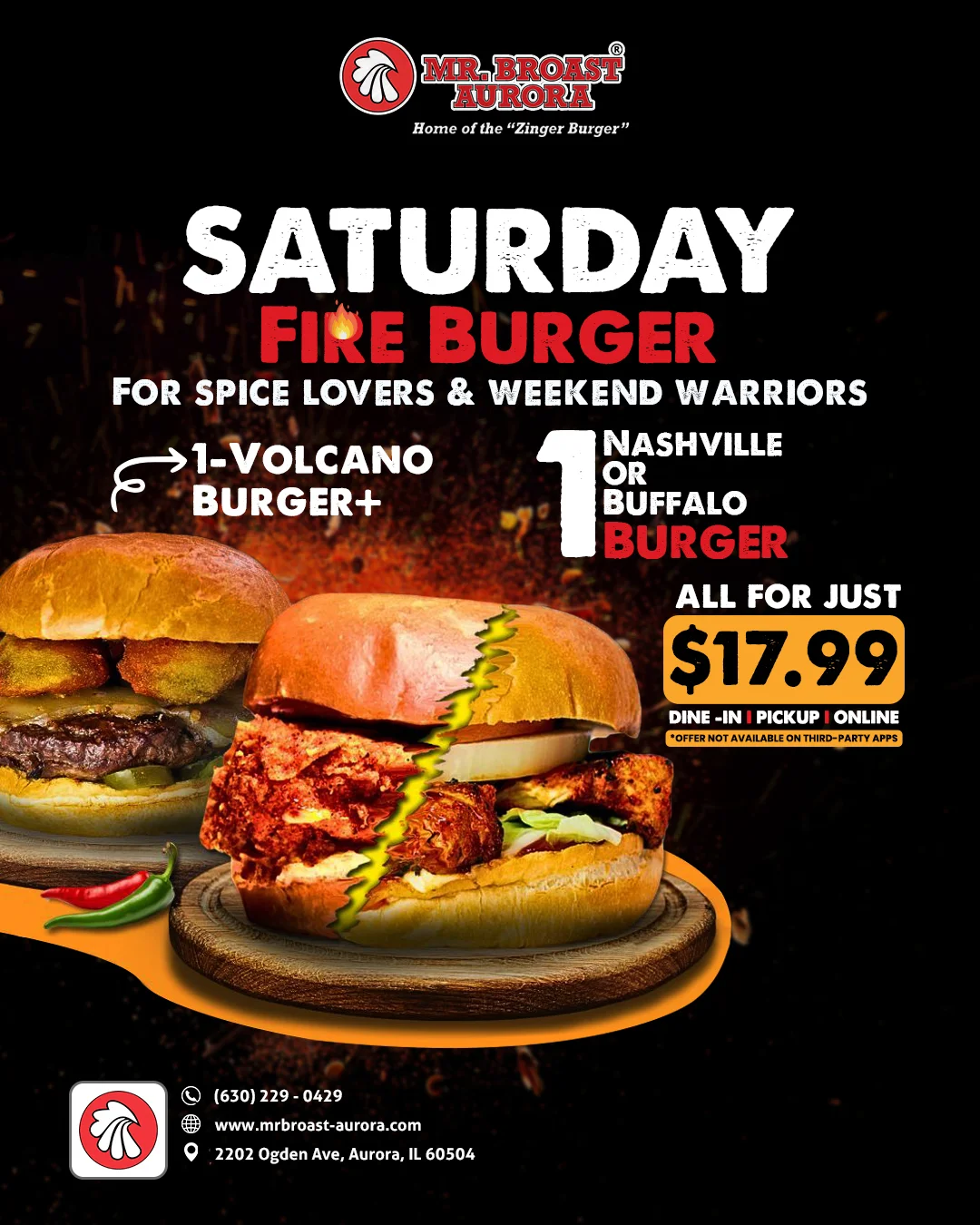 Promotional image for Saturday Fire Burger deal with two spicy burgers.