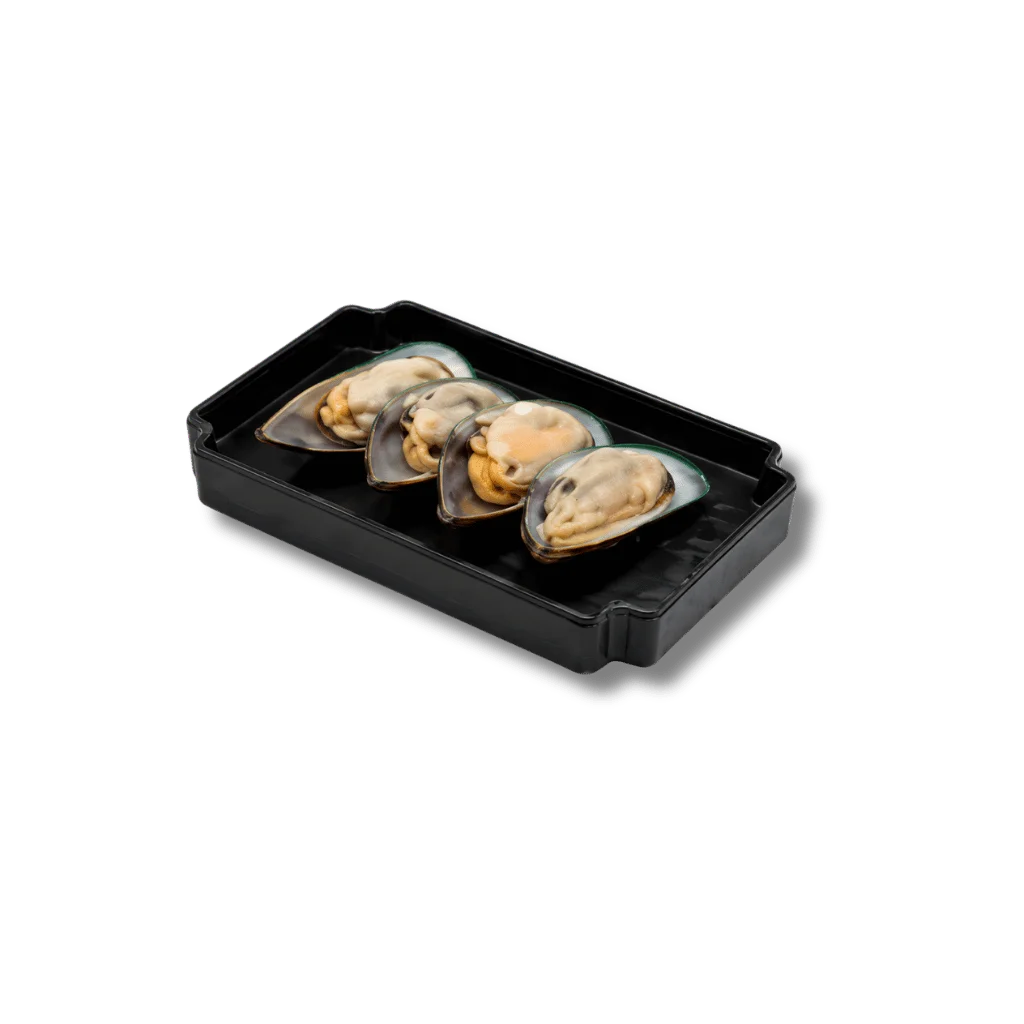 Fresh mussels in a black plastic container