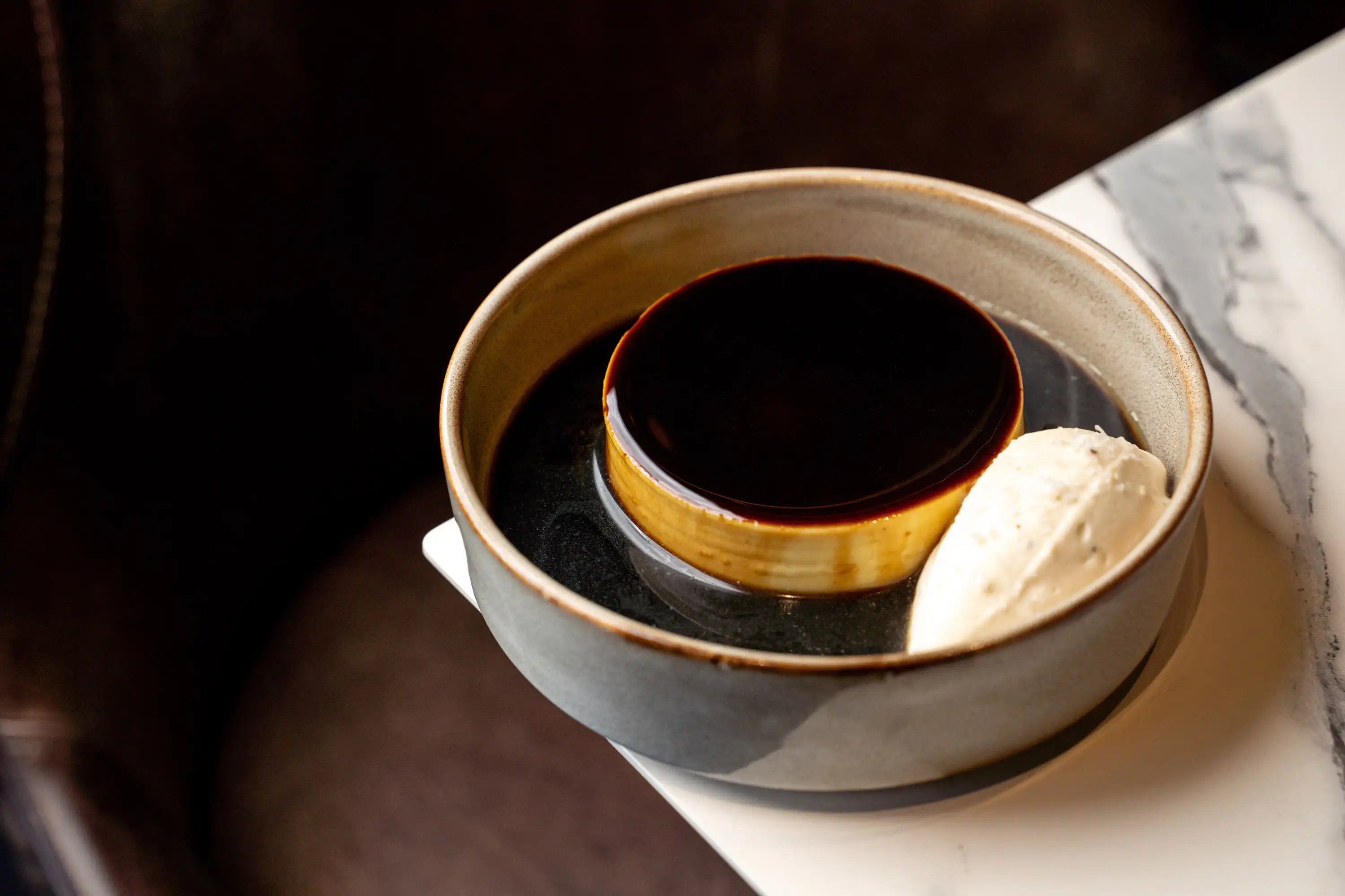 Vanilla Flan Fleur De Sel Miso Cream, Coffee Syrup.