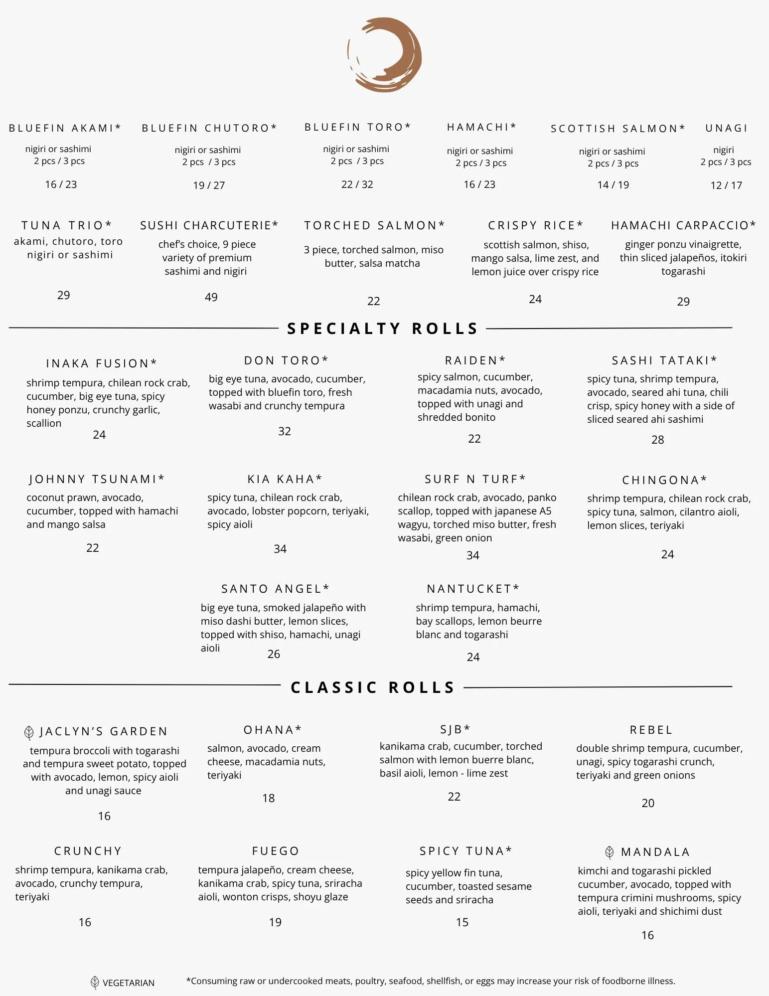Menu featuring sushi, rolls, and desserts with prices listed.