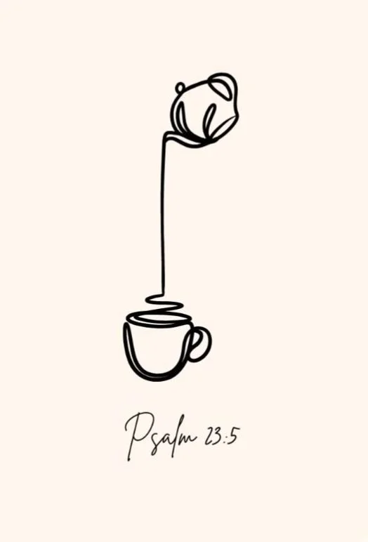 A minimalist line art illustration depicting a teapot pouring into a cup, with a floral element above the cup.