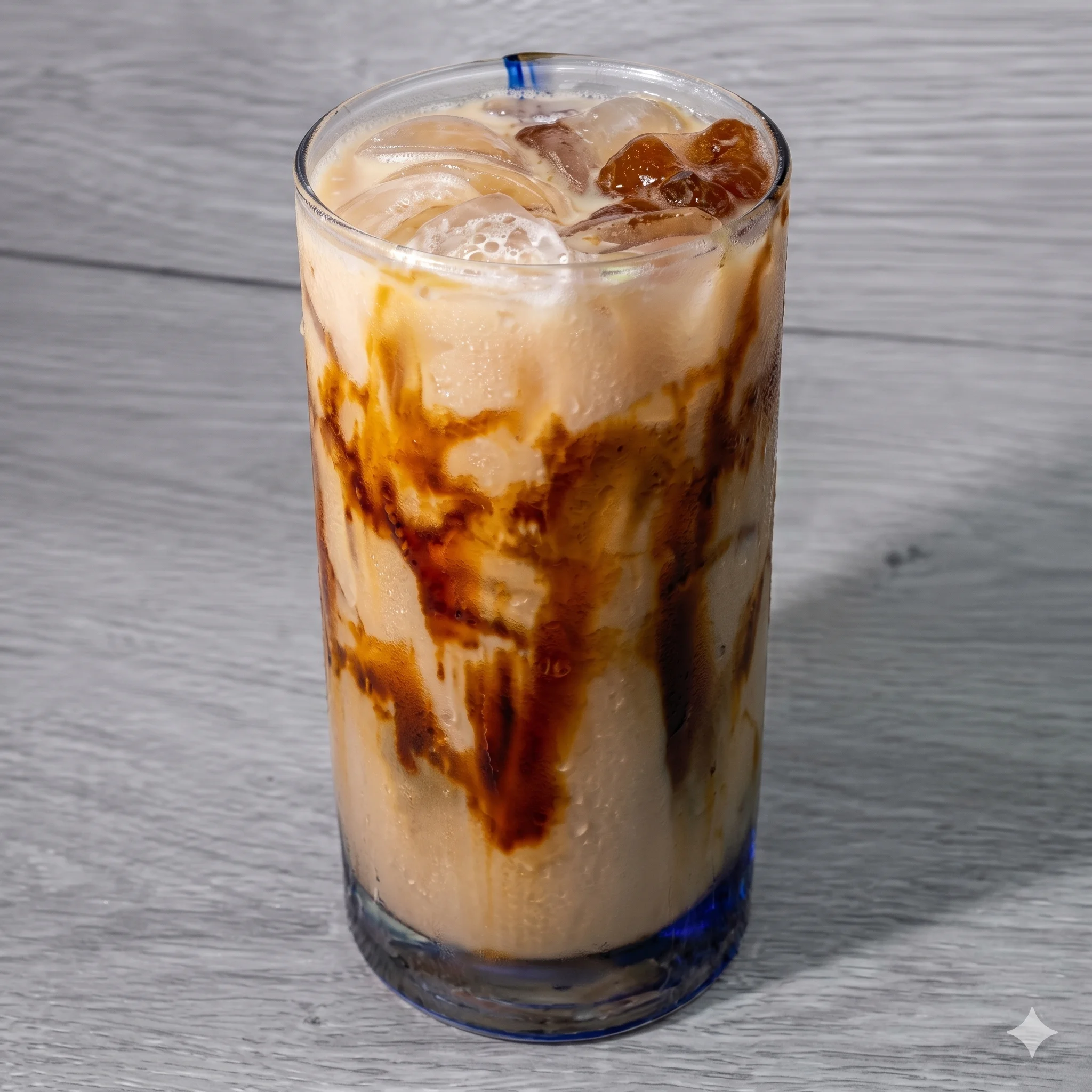Iced coffee drink with swirls of syrup and ice in a tall glass.