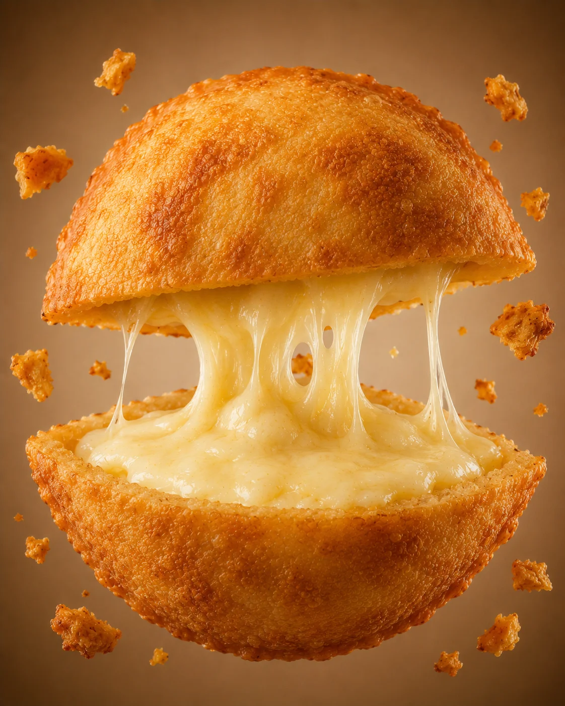 A crispy pastry half-shell oozing with melted cheese, surrounded by crumbs, creating an inviting and indulgent visual.