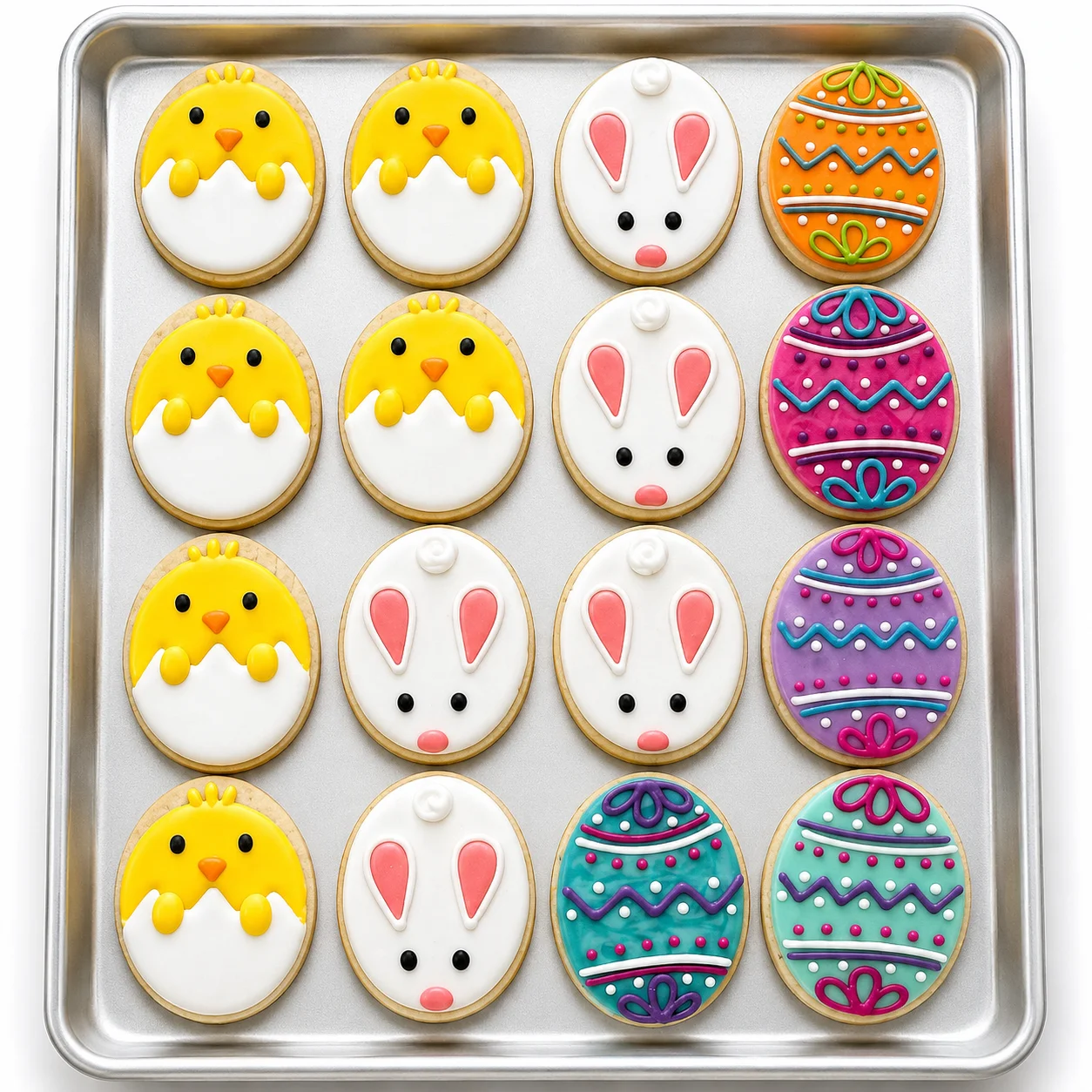Colorful Easter-themed decorated cookies on a baking tray