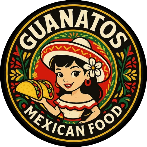Colorful logo for Guanatos Mexican Food featuring tacos and a cheerful girl