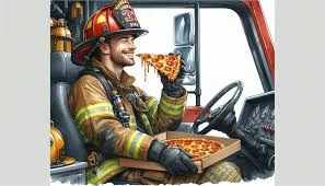 Firefighter enjoying a slice of pizza in a fire truck