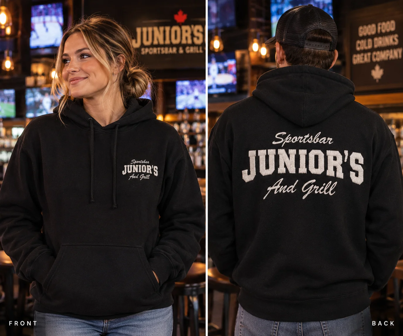 Stylish black hoodie featuring Junior's Sportsbar & Grill branding