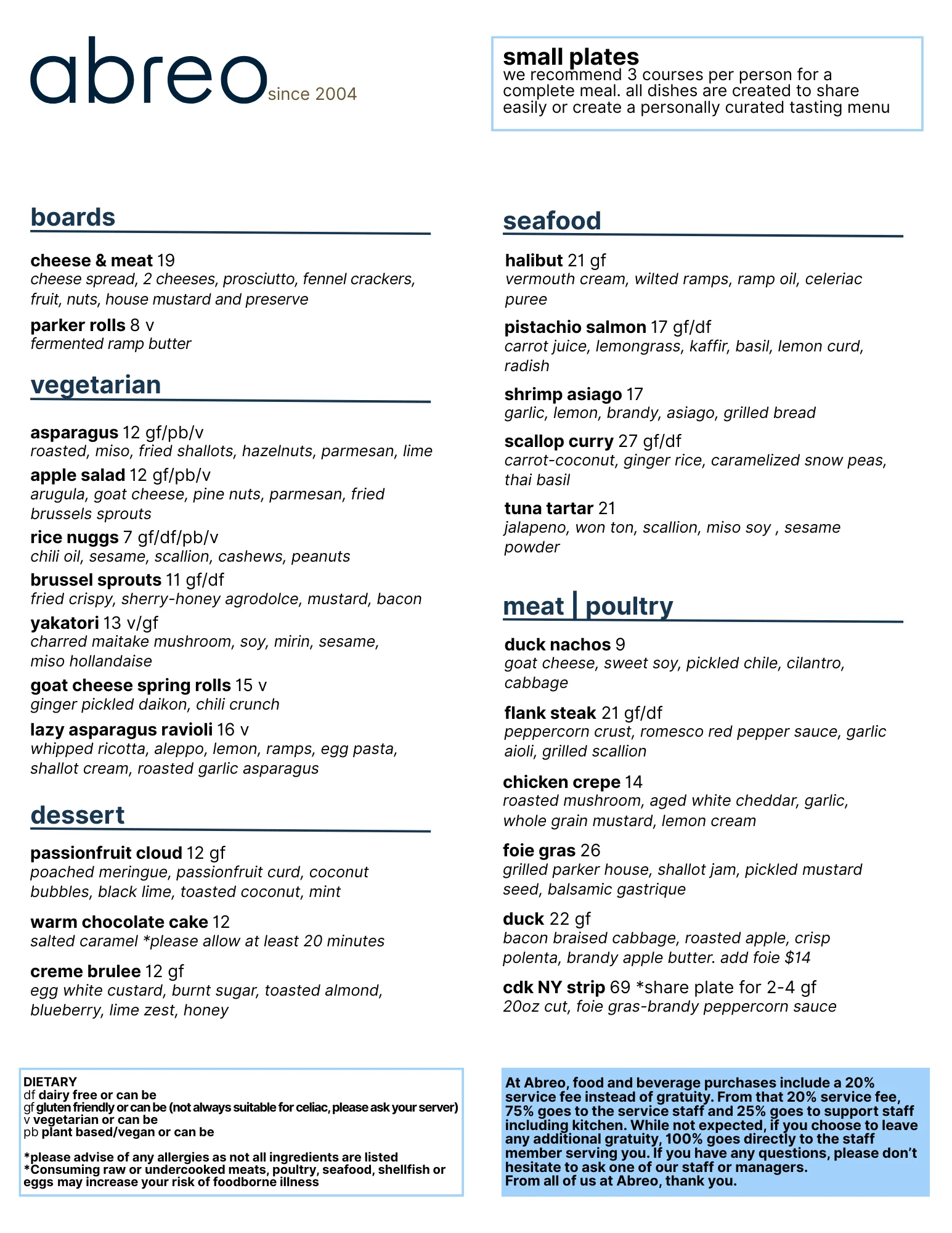 Diverse small plates menu at Abreo restaurant