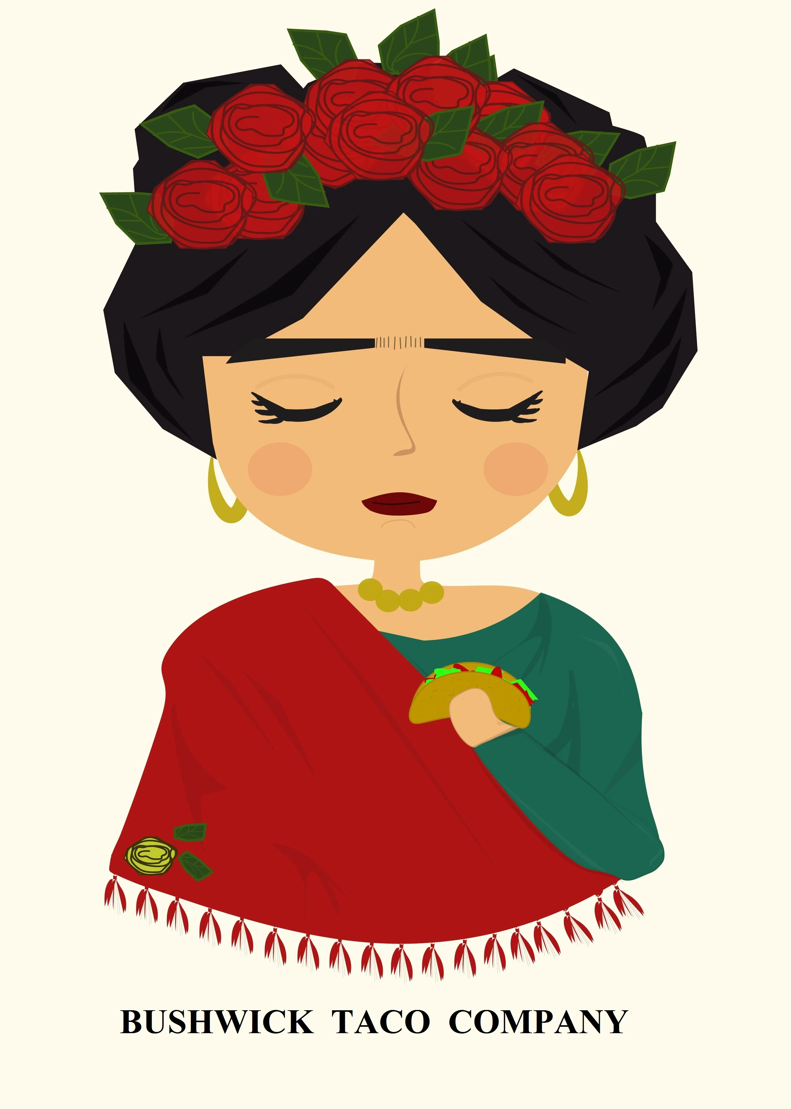 Illustration of a woman holding a taco, inspired by Mexican culture