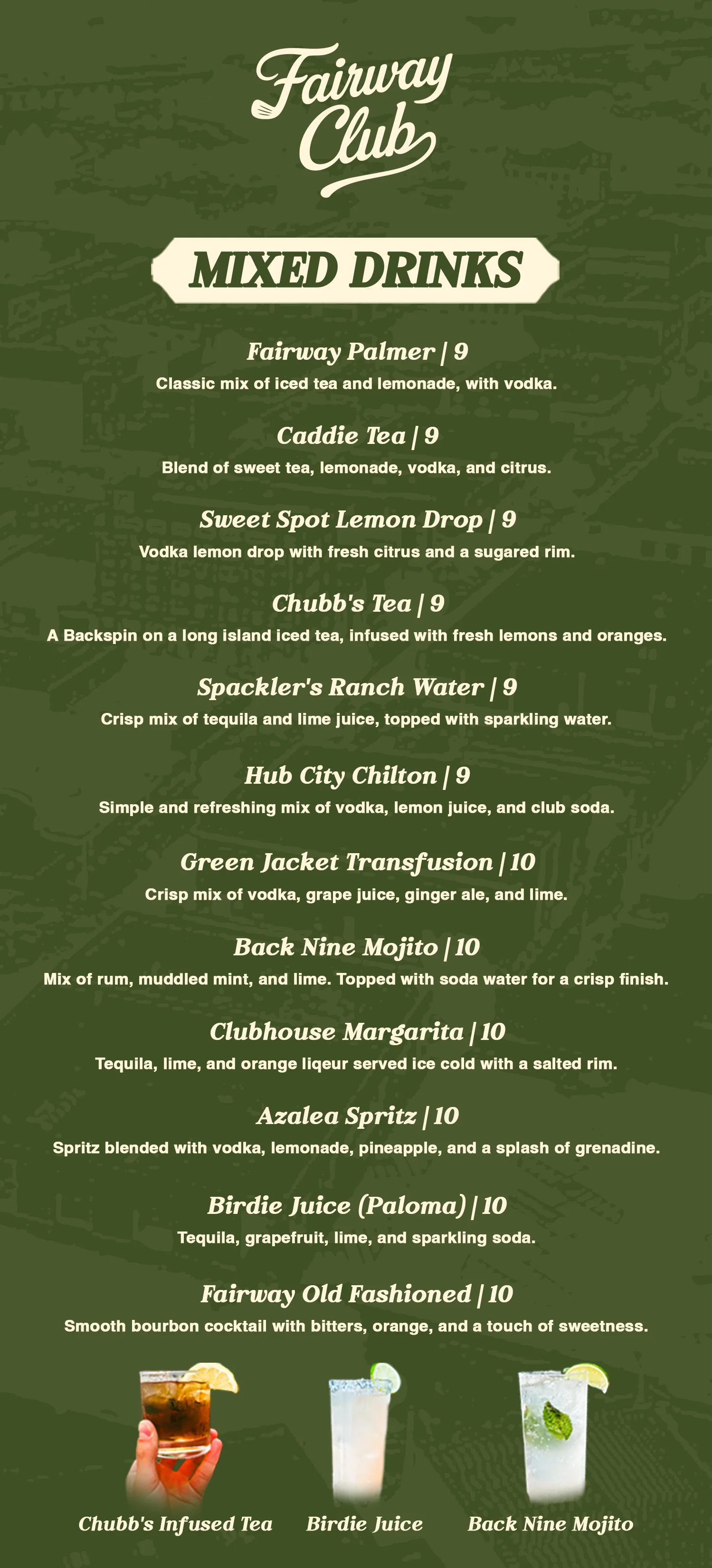 Menu featuring burgers and appetizers at Fairway Club.