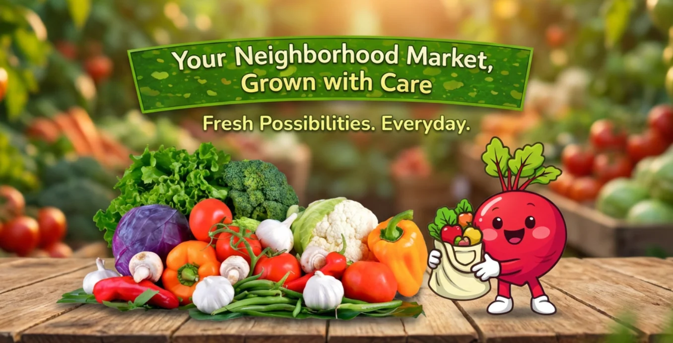 Colorful vegetables at a neighborhood market with a cheerful character