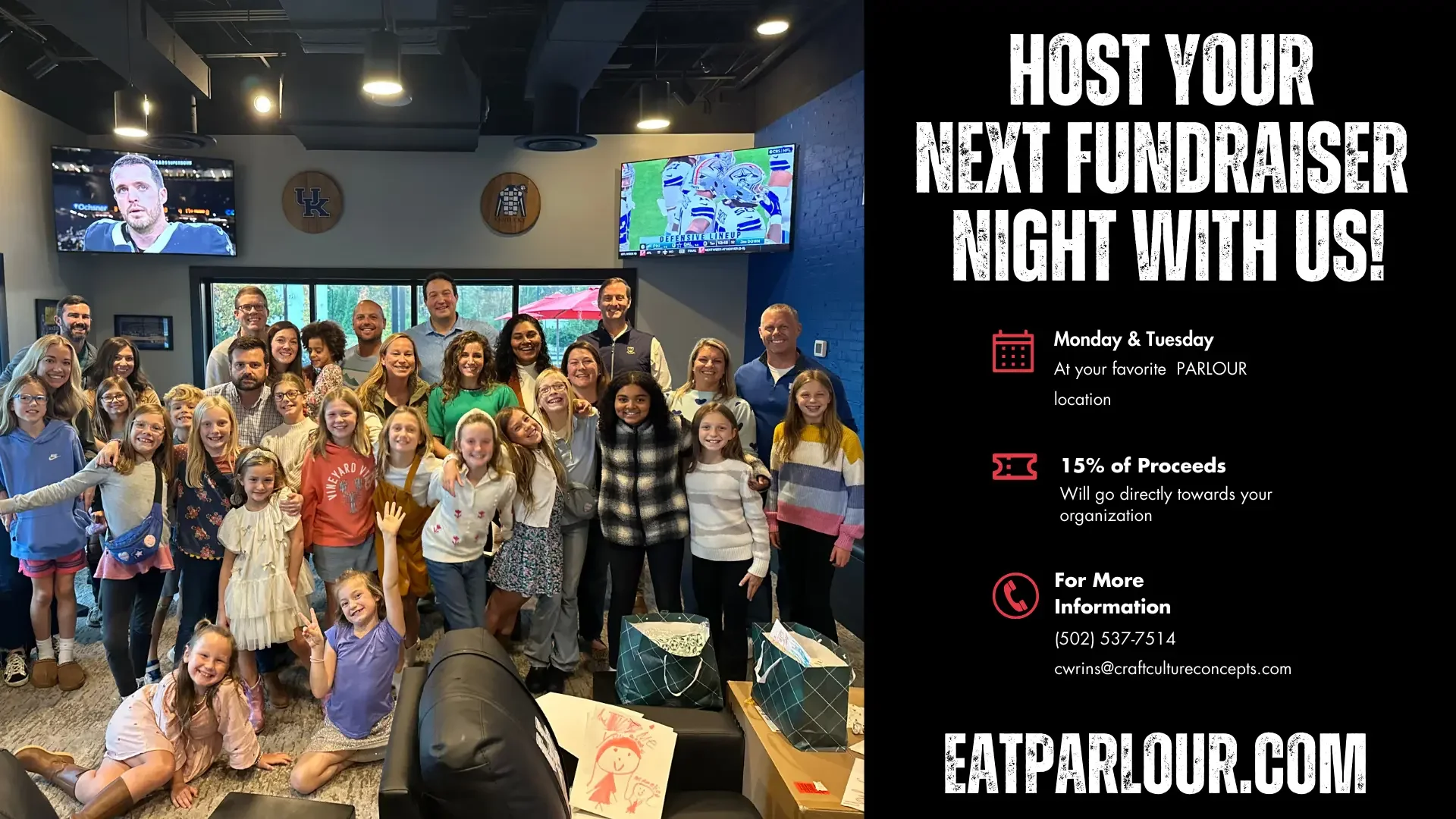 Group fundraiser event at a restaurant with families and children