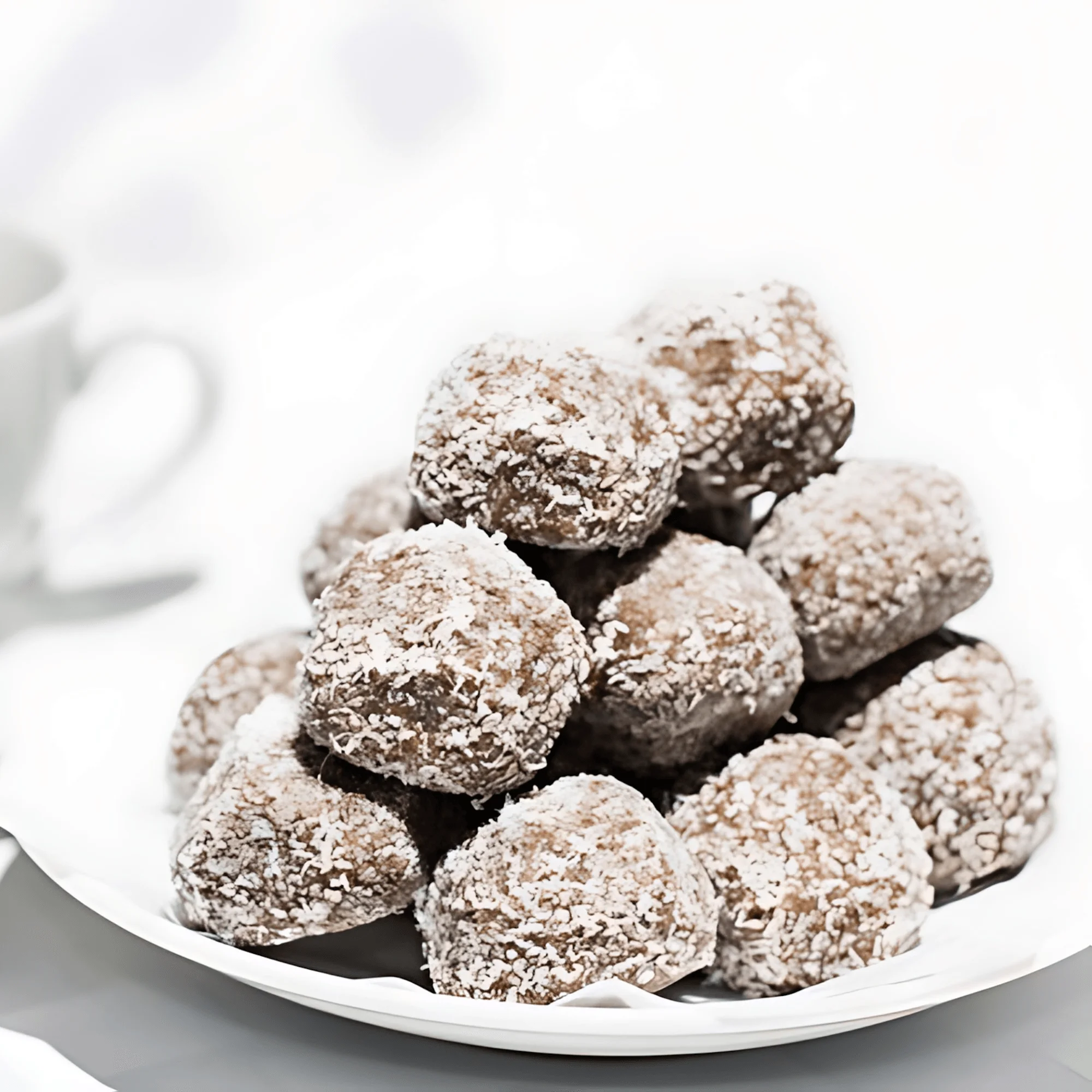 Coconut-covered Brazilian brigadeiros on a white plate